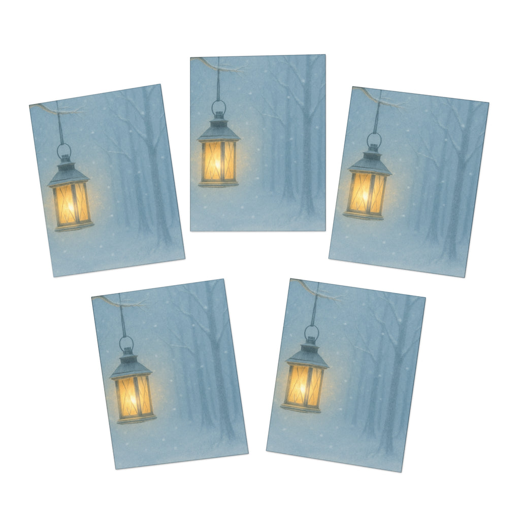 Winter’s Hush Lantern Note Cards – Snowy Woodland Glow Holiday Stationery Set -  - 5-Pack with Lantern Designs