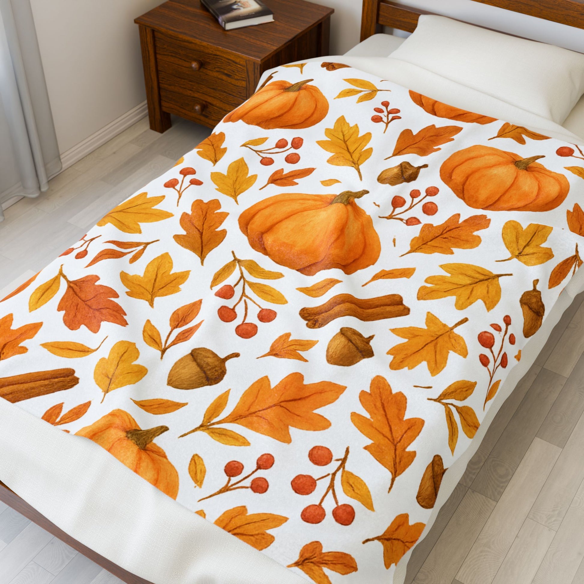 Cozy Velveteen Plush Blanket – Pumpkin & Autumn Leaves Fall Throw