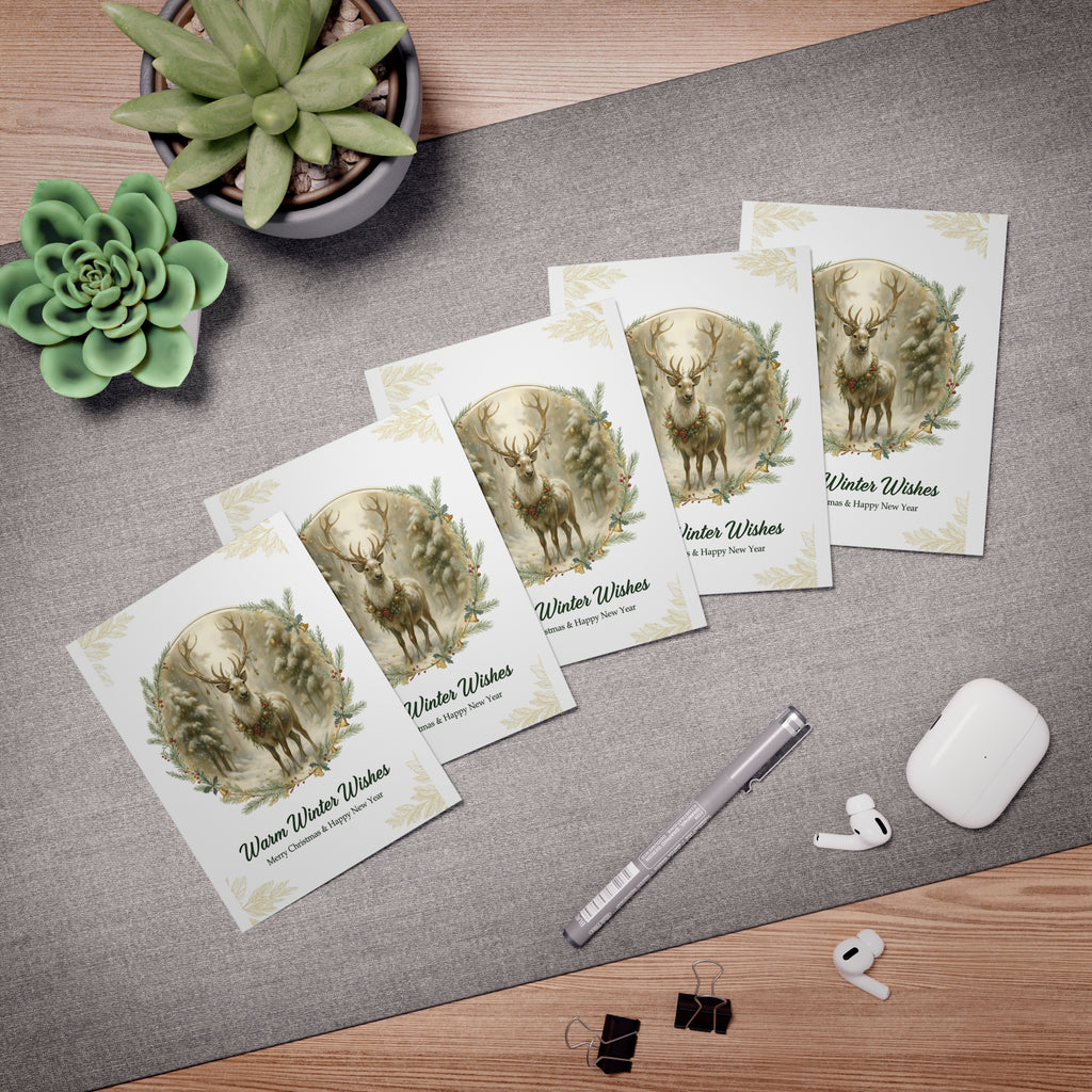 Warm Winter Wishes Reindeer Christmas Greeting Card – Elegant Woodland Holiday Card (5-Pack) — Merry and Bright Collection