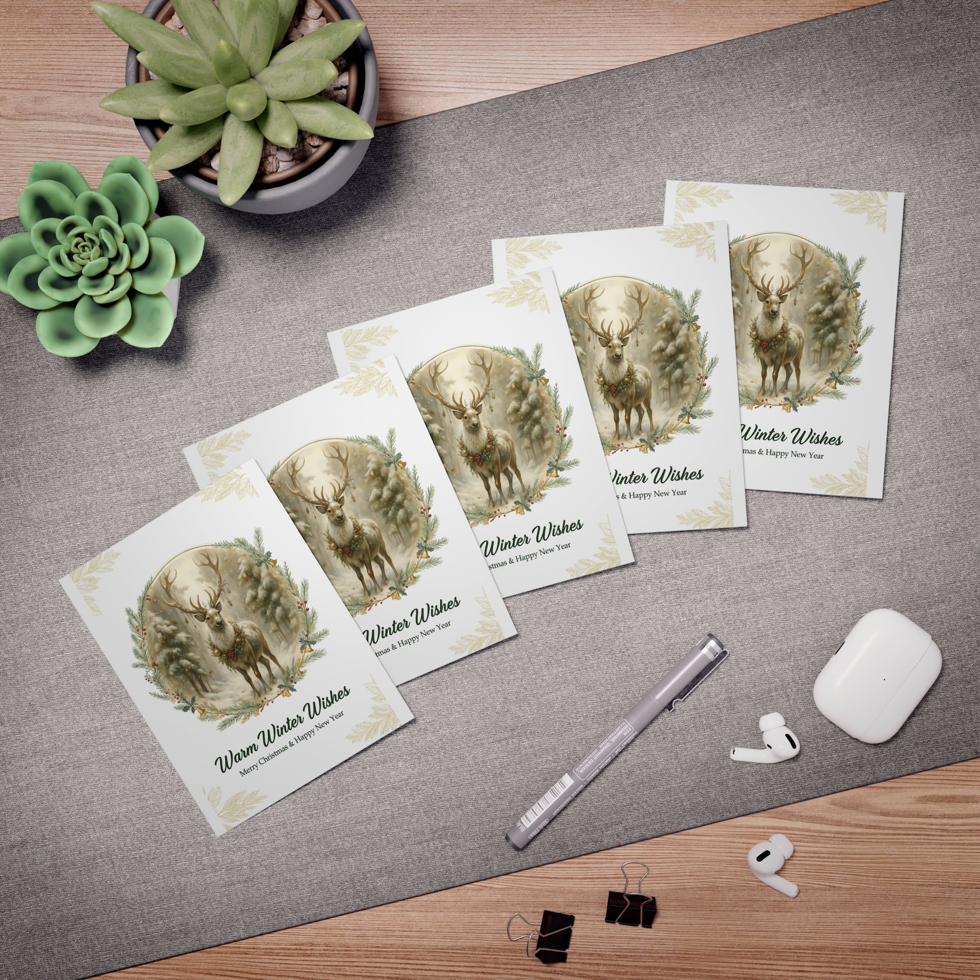 Warm Winter Wishes Reindeer Christmas Greeting Card – Elegant Woodland Holiday Card (5-Pack) — Merry and Bright Collection