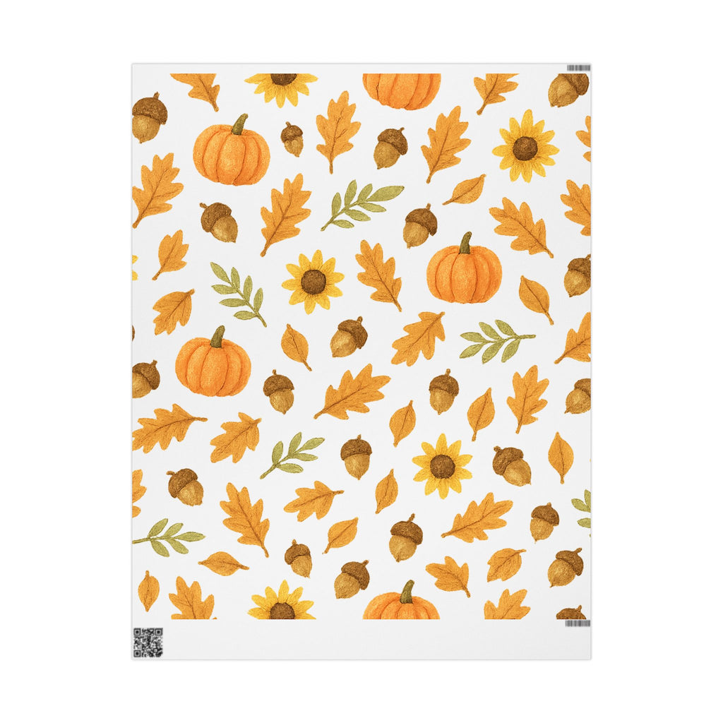 Patterned paper with pumpkins, leaves, and sunflowers on a white background