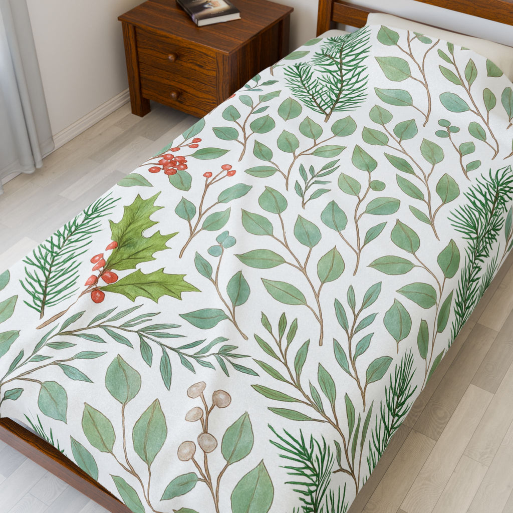 Whispers of Winter Botanical Blanket – Cozy Watercolor Evergreen and Holly Velveteen Throw – Ana