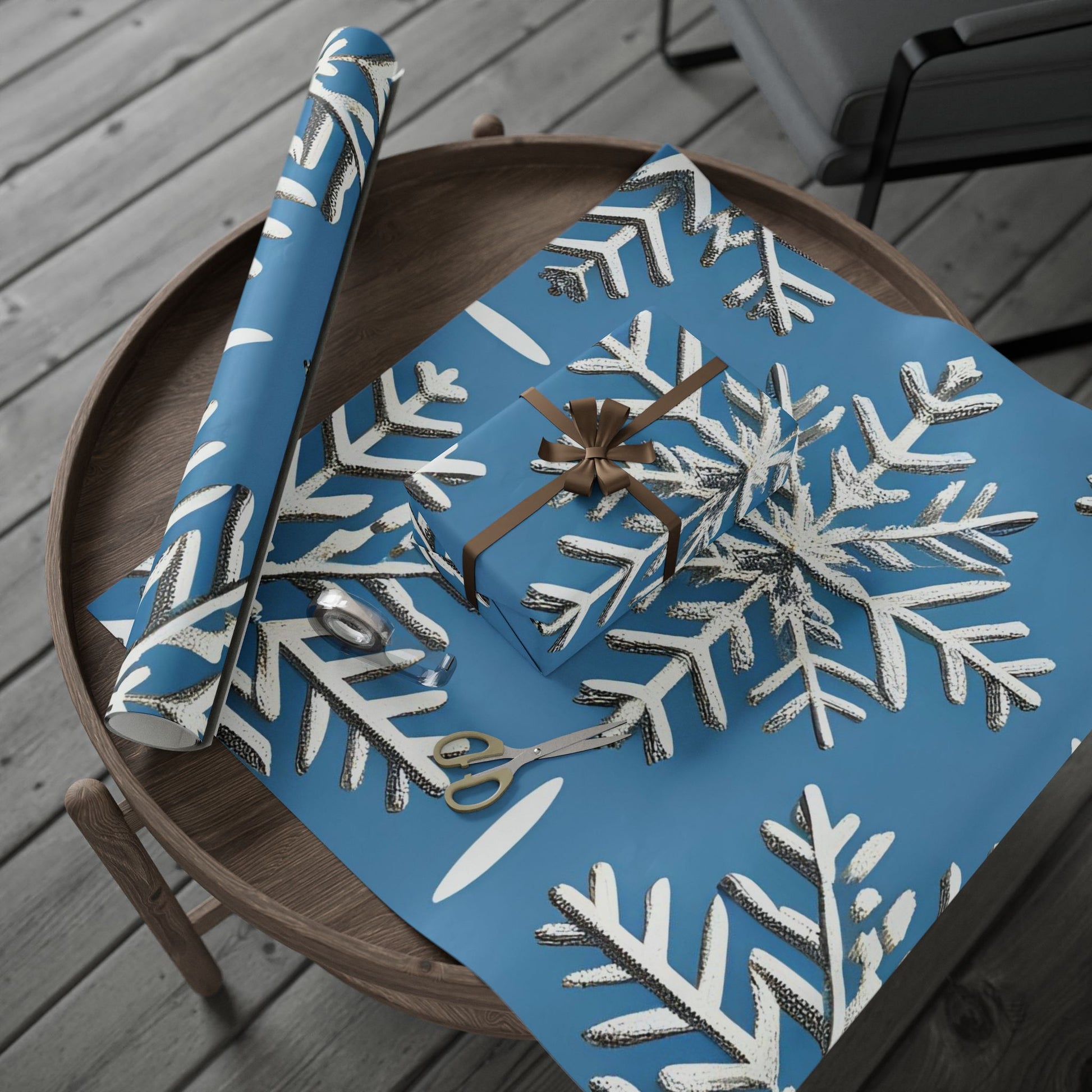 Silver Snowflake Wrapping Paper – Elegant Holiday Gift Wrap on Winter Blue Background