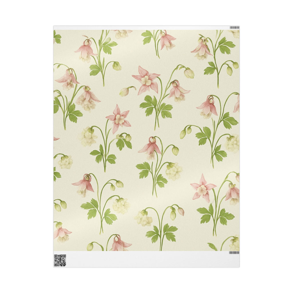 A rolled of wrapping paper with a Victorian floral pattern, featuring pink and green floral designs on a white background.