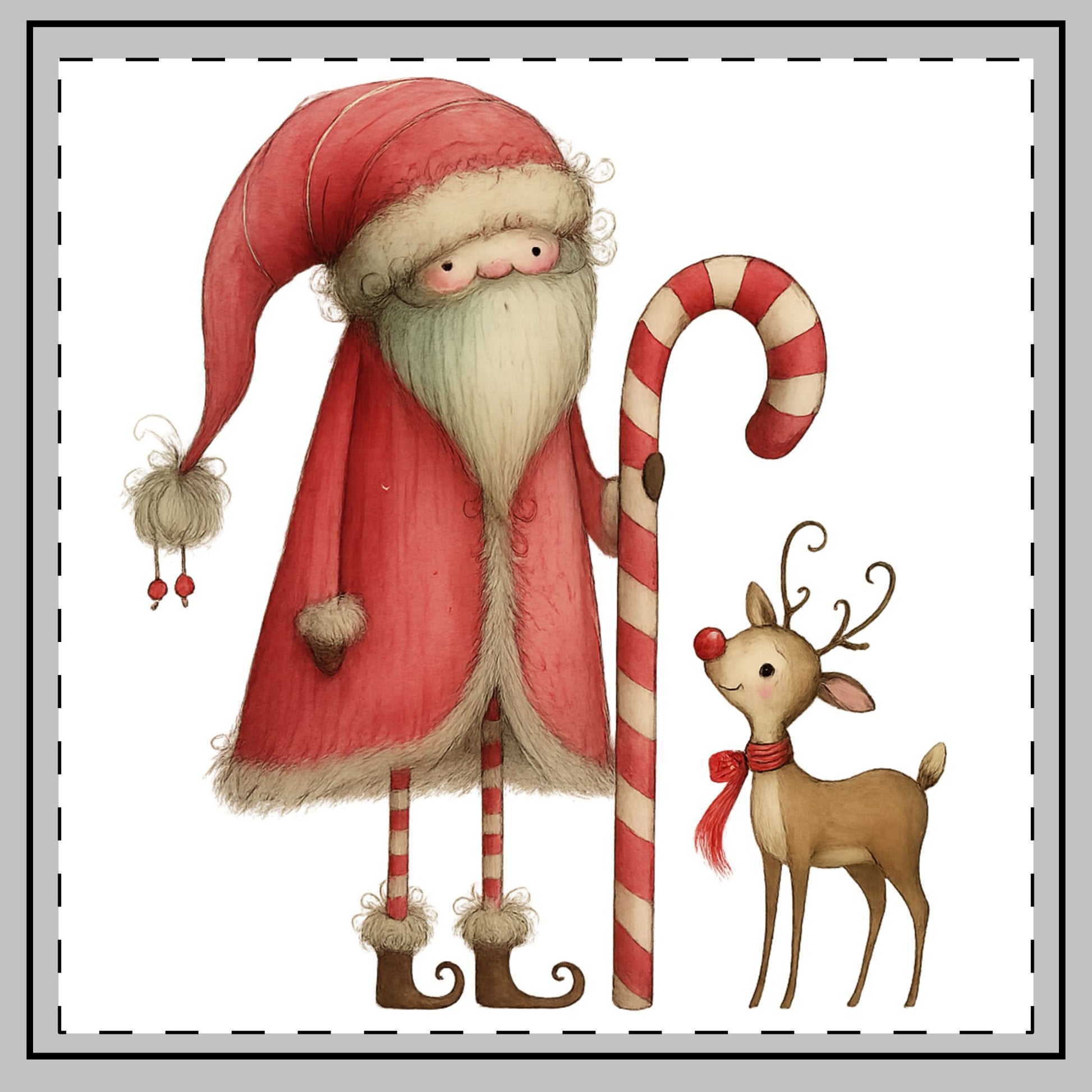 Santa & Reindeer Christmas Throw Pillow – Vintage Holiday Cushion Cover | Illustration by Tattered Designs