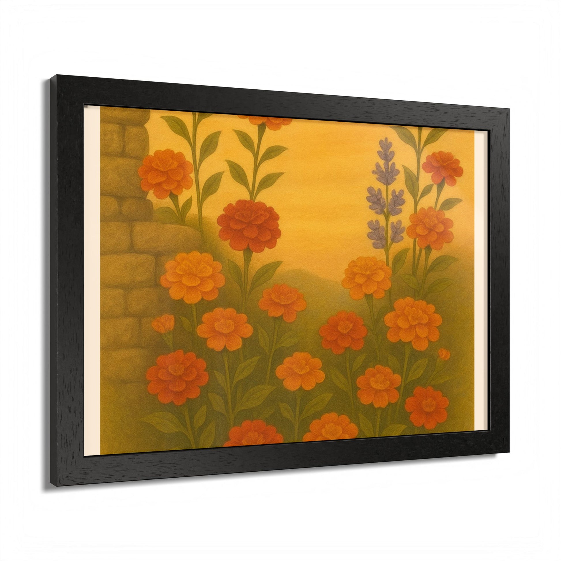 Golden Marigold Garden Framed Sunset Floral Wall Decor