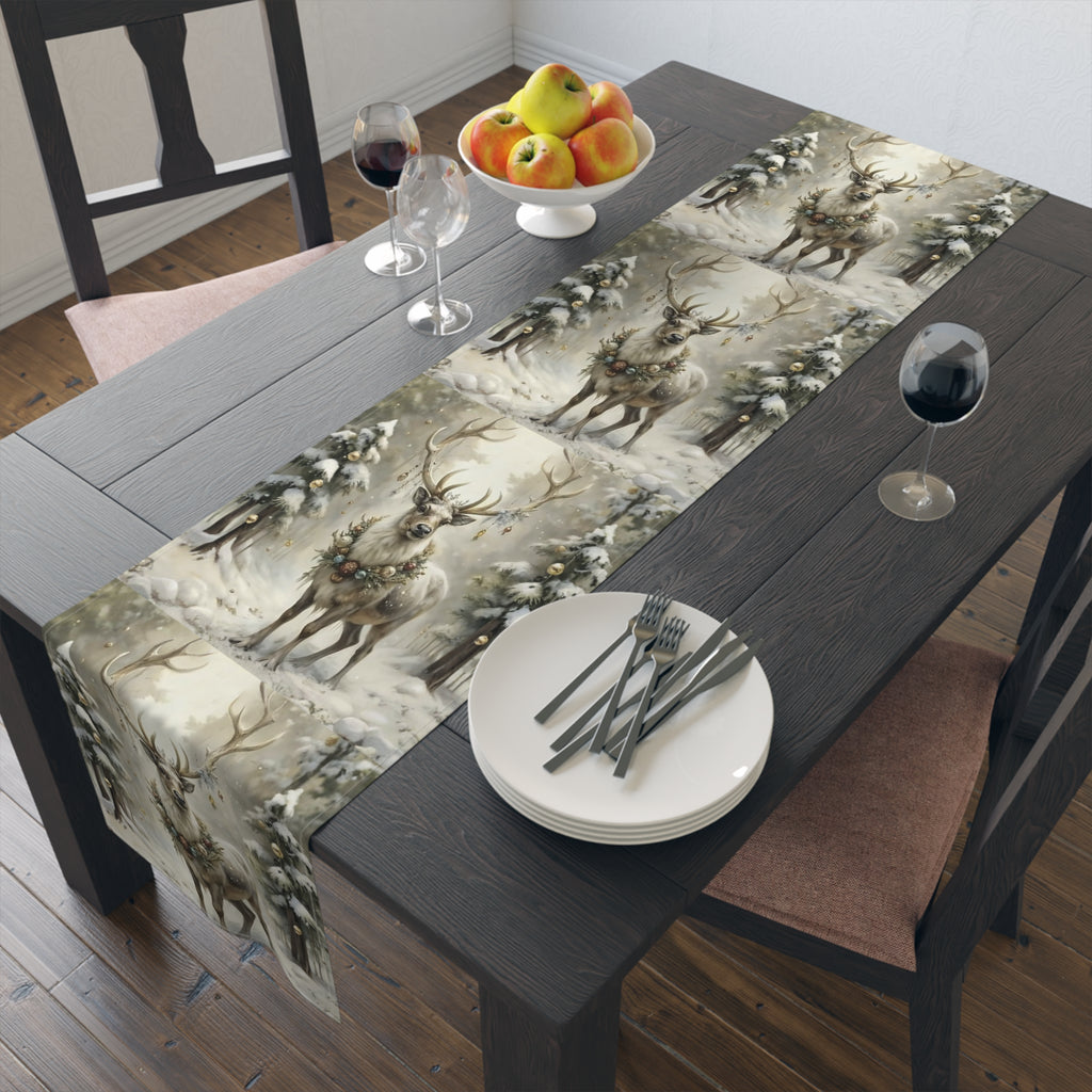 Dining table with a deer-themed table runner. 