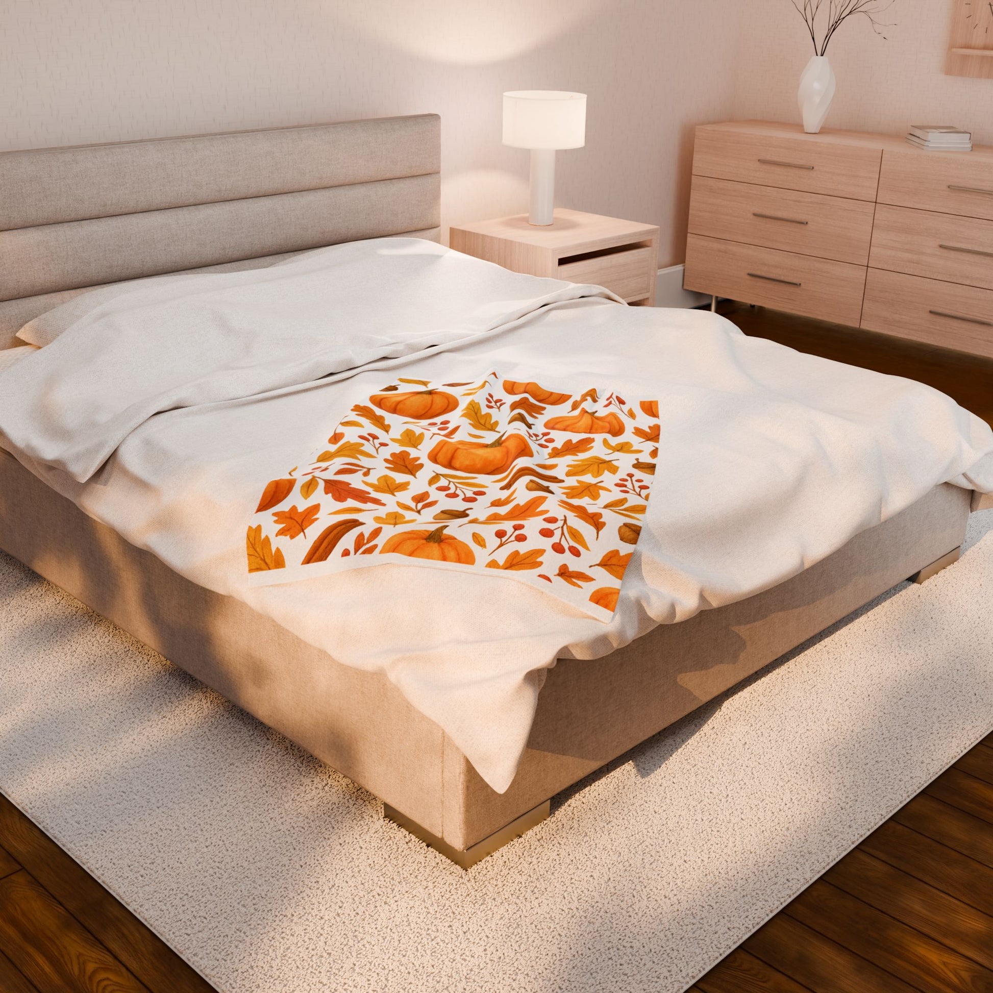 Cozy Velveteen Plush Blanket – Pumpkin & Autumn Leaves Fall Throw