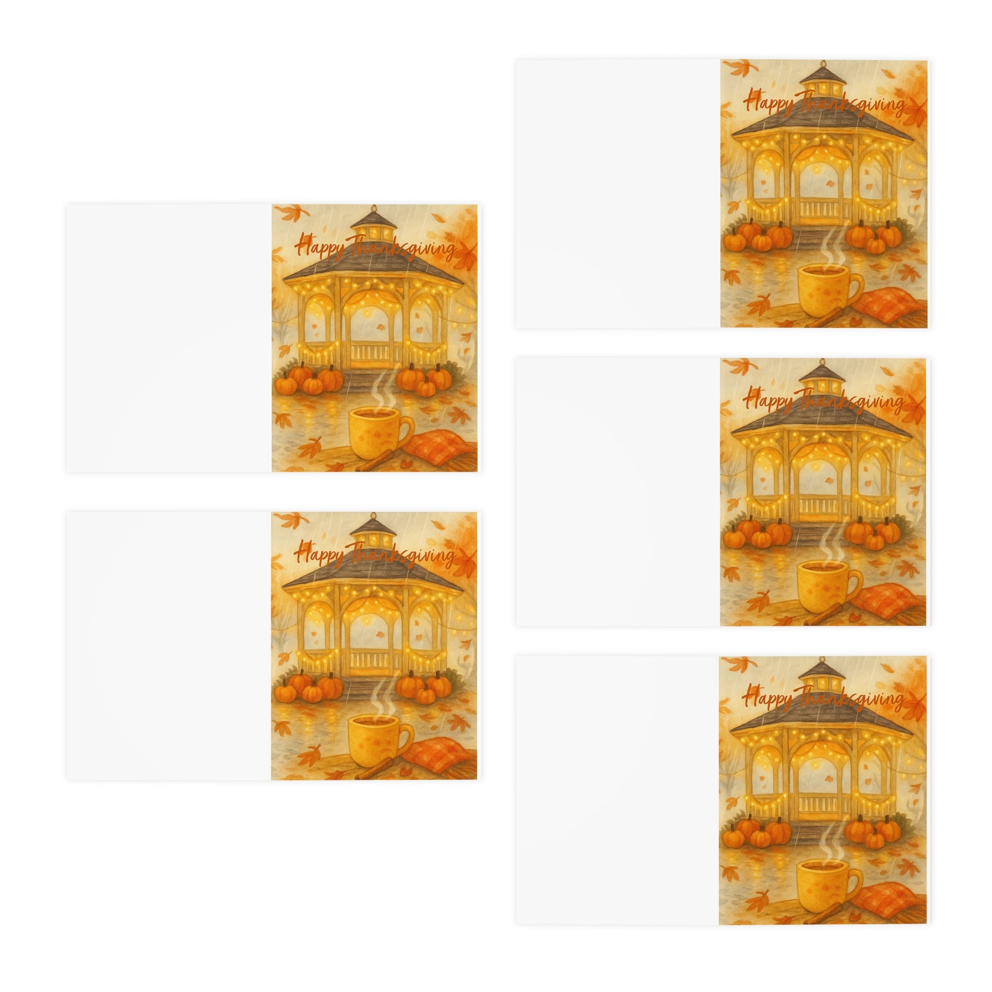Autumn Gazebo Greeting Cards (5-Pack) — "Happy Thanksgiving" Fall Note Cards - Happy Thanksgiving Autumn Gazebo Greeting Card – Cozy Fall Coffee & Pumpkin Scene - CoziNest Hollow 1