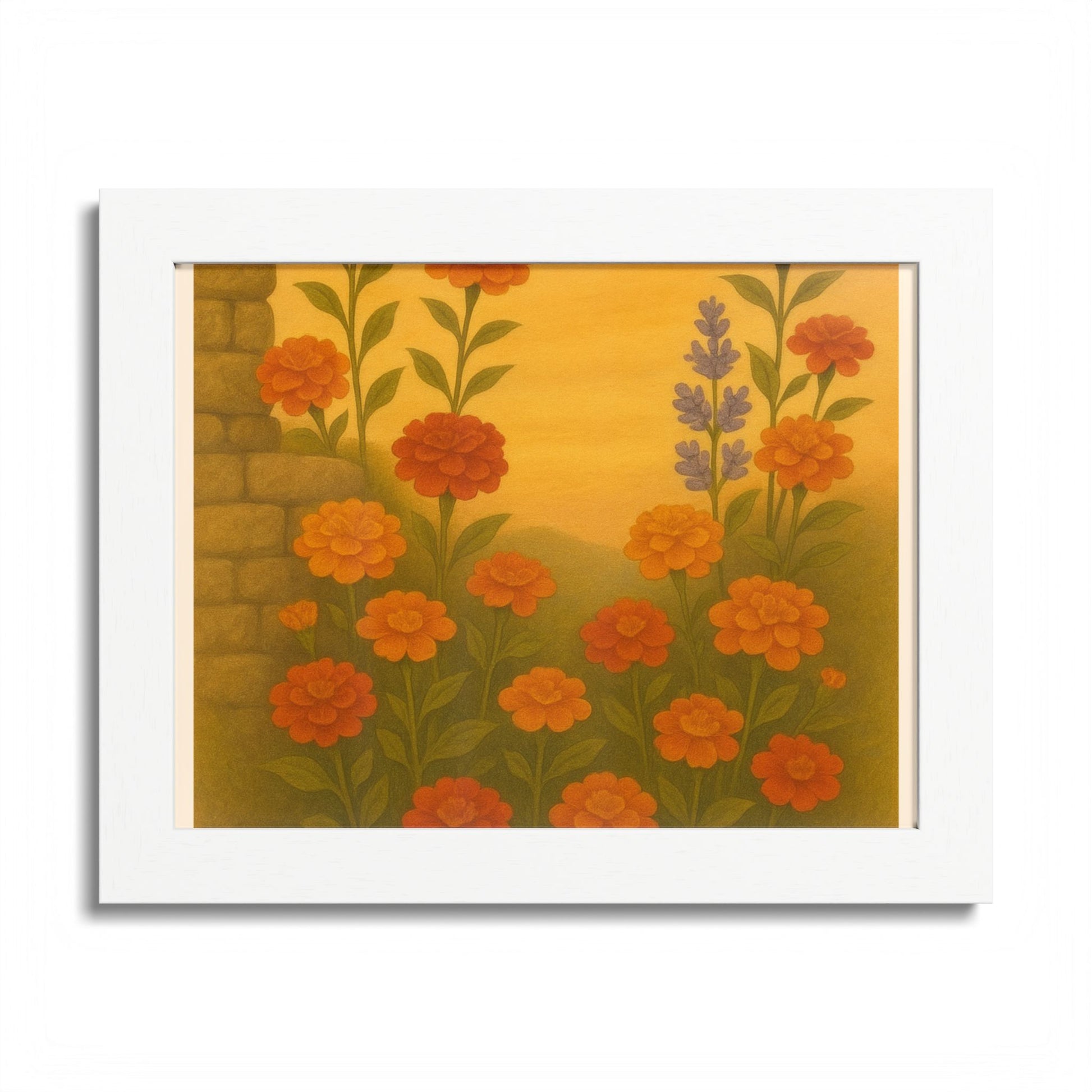 Golden Marigold Garden Framed Sunset Floral Wall Decor