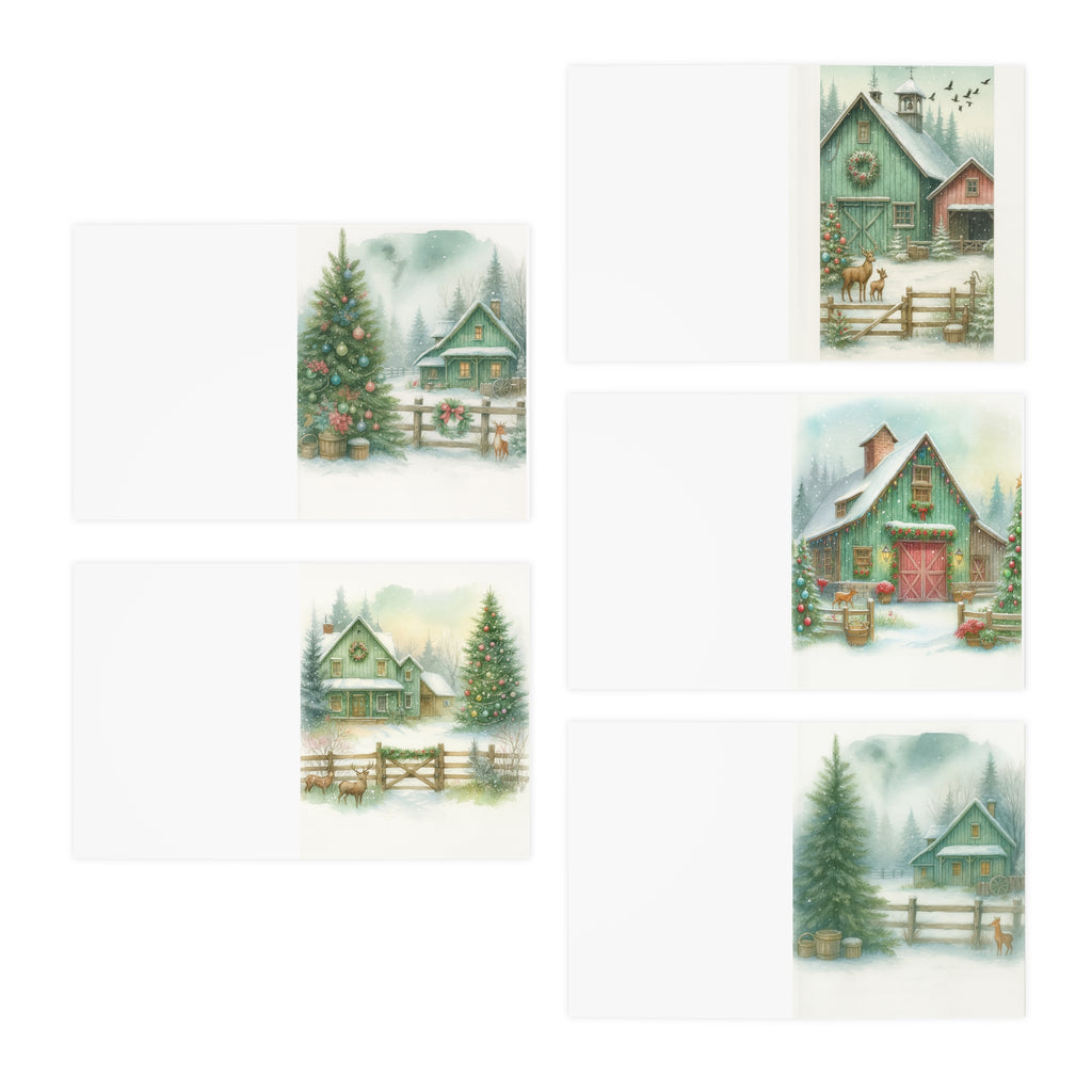 Green Farmhouse Winter Greeting Card – Peaceful Snowy Cabin Scene – Illustrated by Yvonne van der Kamp-Dulkis