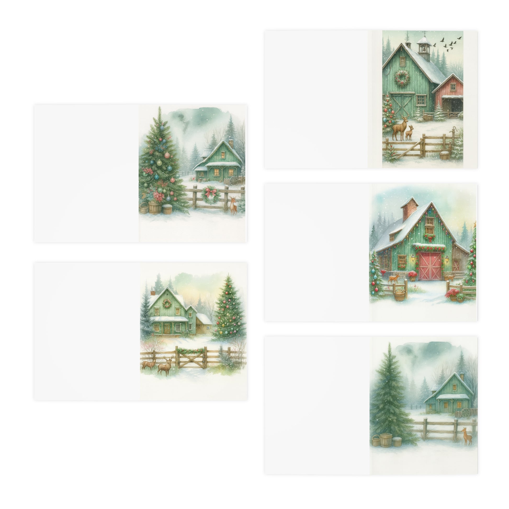 Green Farmhouse Winter Greeting Card – Peaceful Snowy Cabin Scene – Illustrated by Yvonne van der Kamp-Dulkis