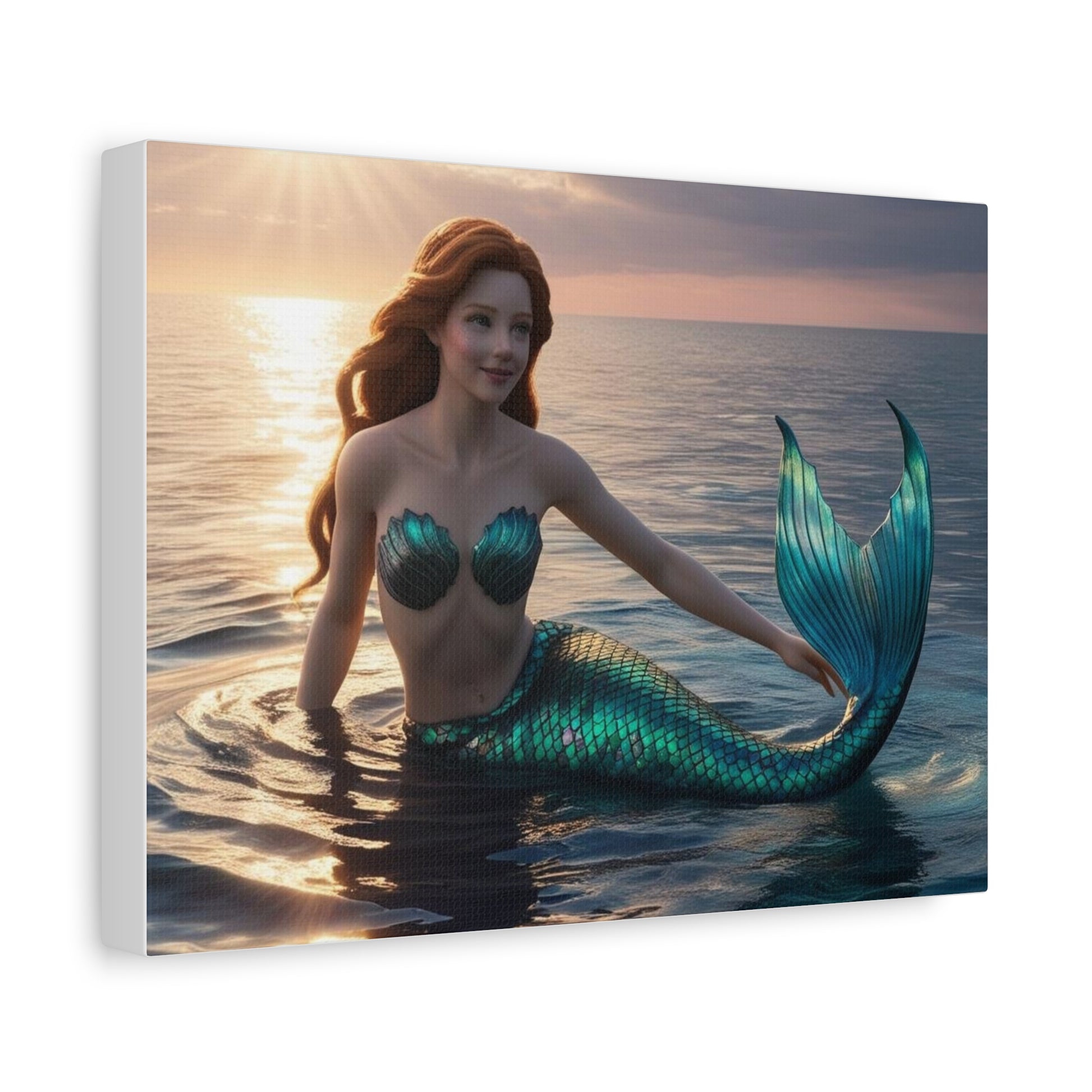 Mermaid at Sunset – Teal & Red Hair Canvas Wall Art, size 12"x9", Stretched, 1.25"