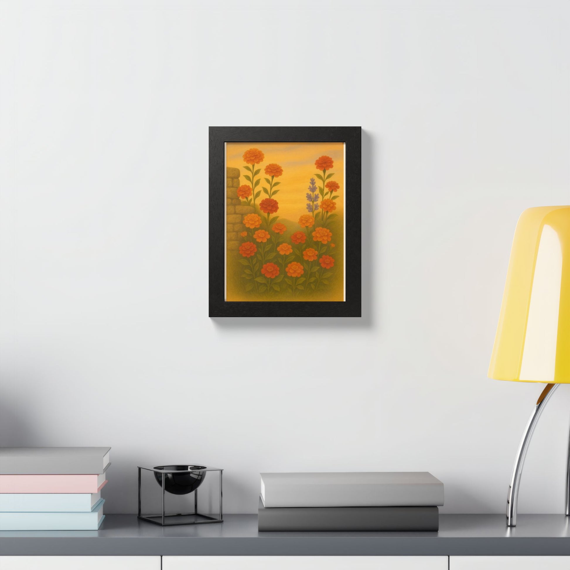 Golden Marigold Garden Framed Sunset Floral Wall Decor