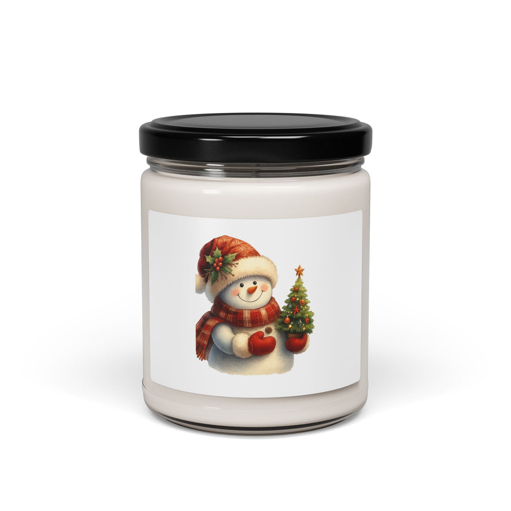 Christmas Snowman Soy Candle — 9oz Scented Holiday Jar - Jolly Snowfolk Snowman With Christmas Tree – Festive Winter Holiday Design by Paper Pleasures – Illustrated by Trailside Designs