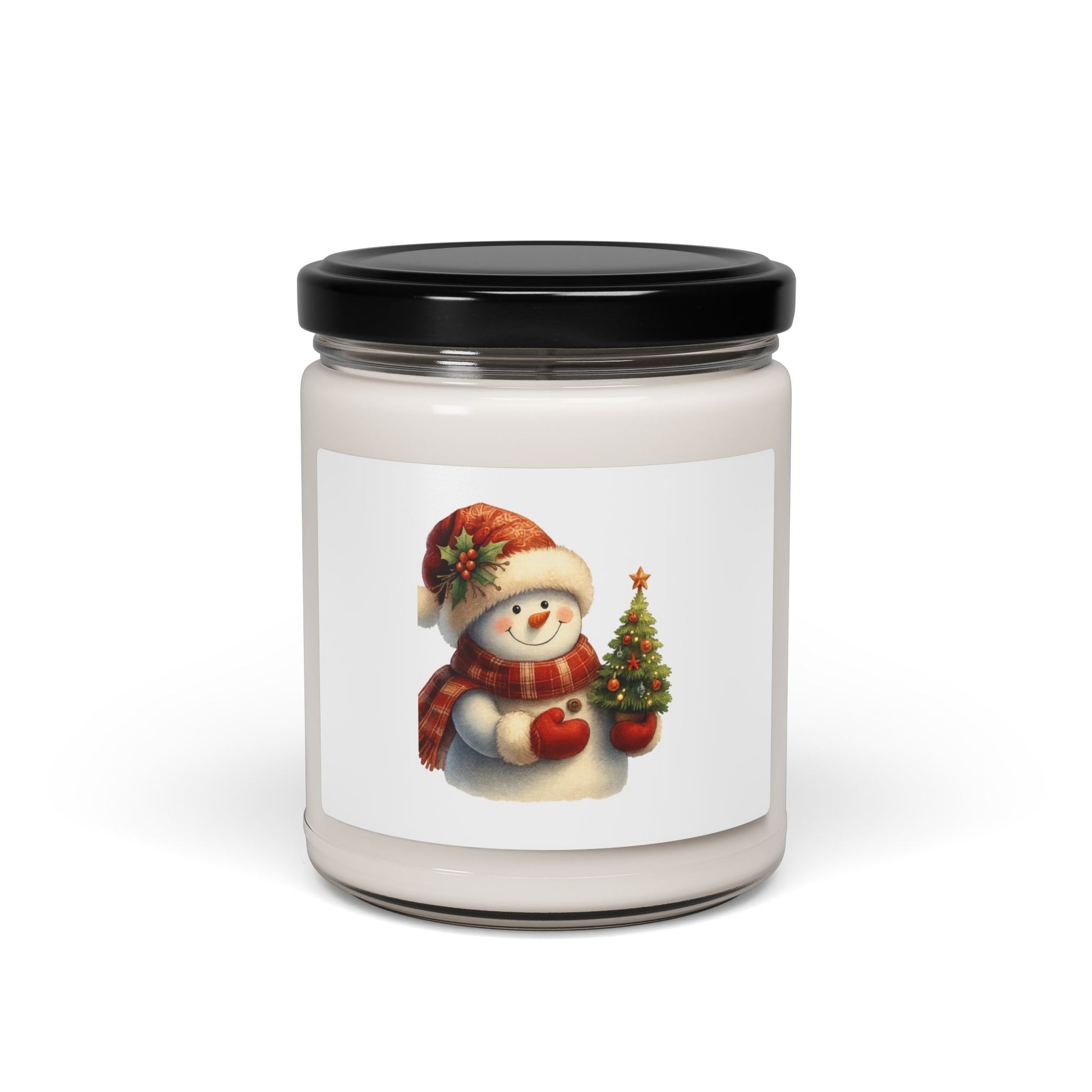 Christmas Snowman Soy Candle — 9oz Scented Holiday Jar - Jolly Snowfolk Snowman With Christmas Tree – Festive Winter Holiday Design by Paper Pleasures – Illustrated by Trailside Designs