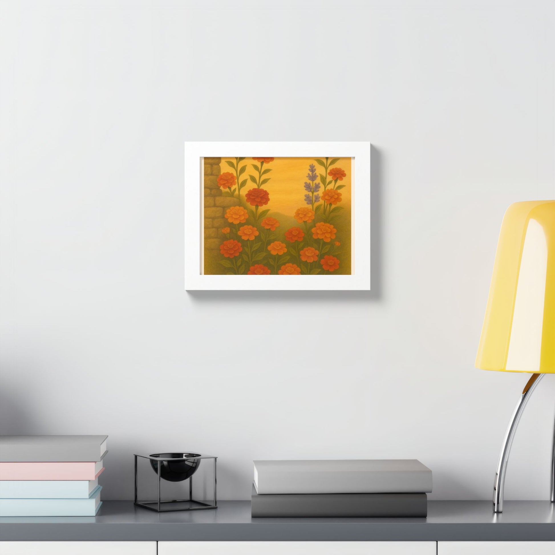 Golden Marigold Garden Framed Sunset Floral Wall Decor