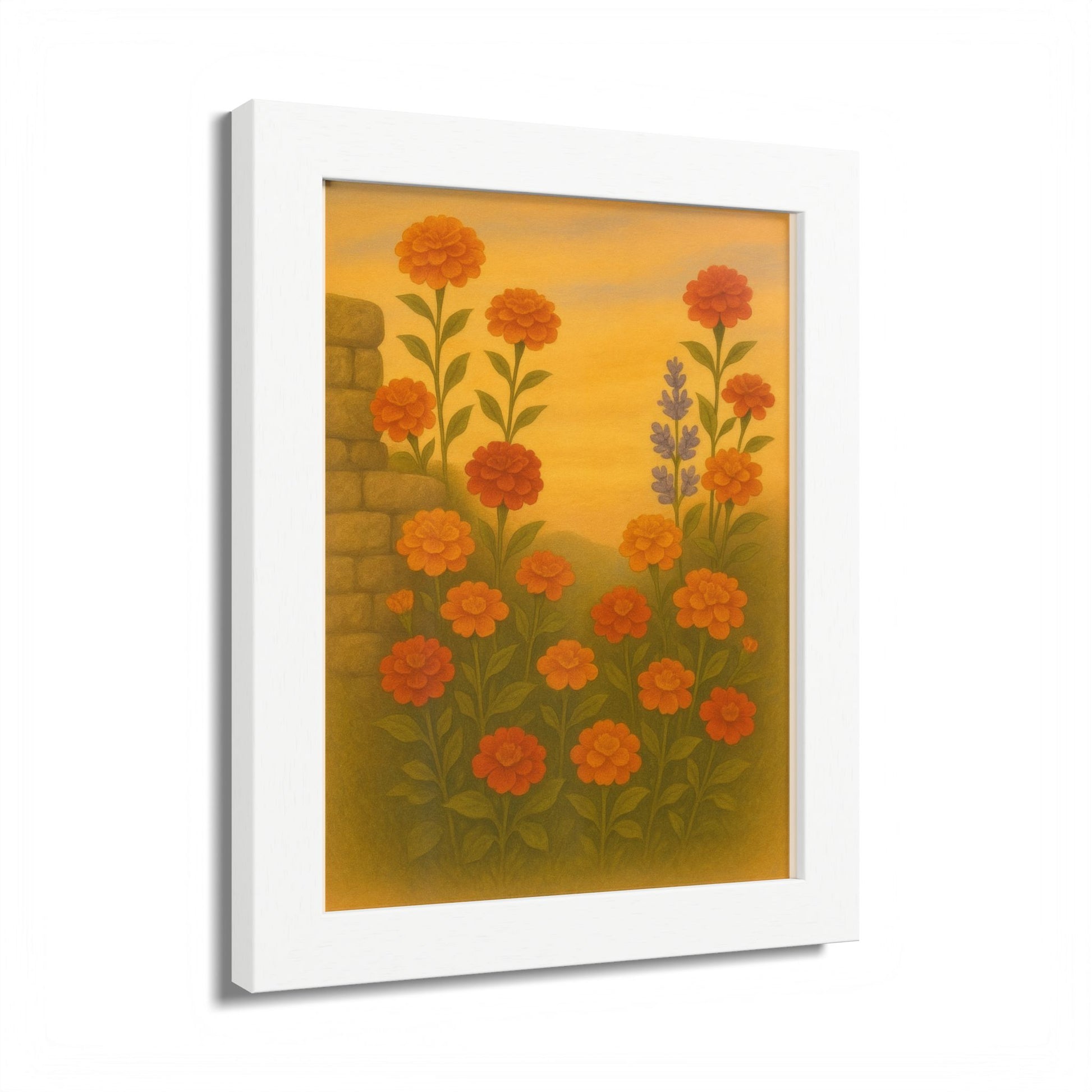 Golden Marigold Garden Framed Sunset Floral Wall Decor