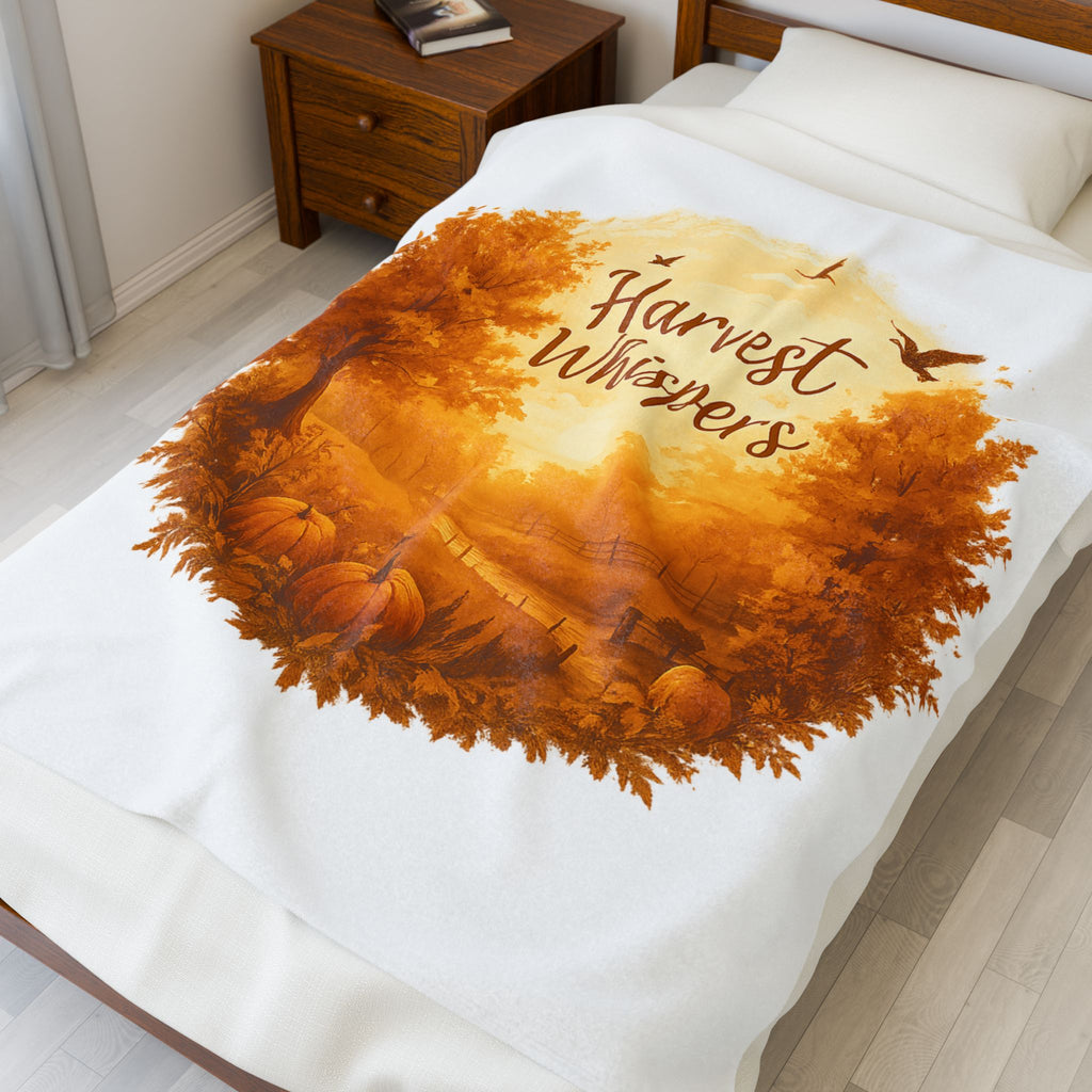 Harvest Whispers Thanksgiving Blanket – Autumn Velveteen Plush Throw – Fall Pumpkin Landscape Scene
