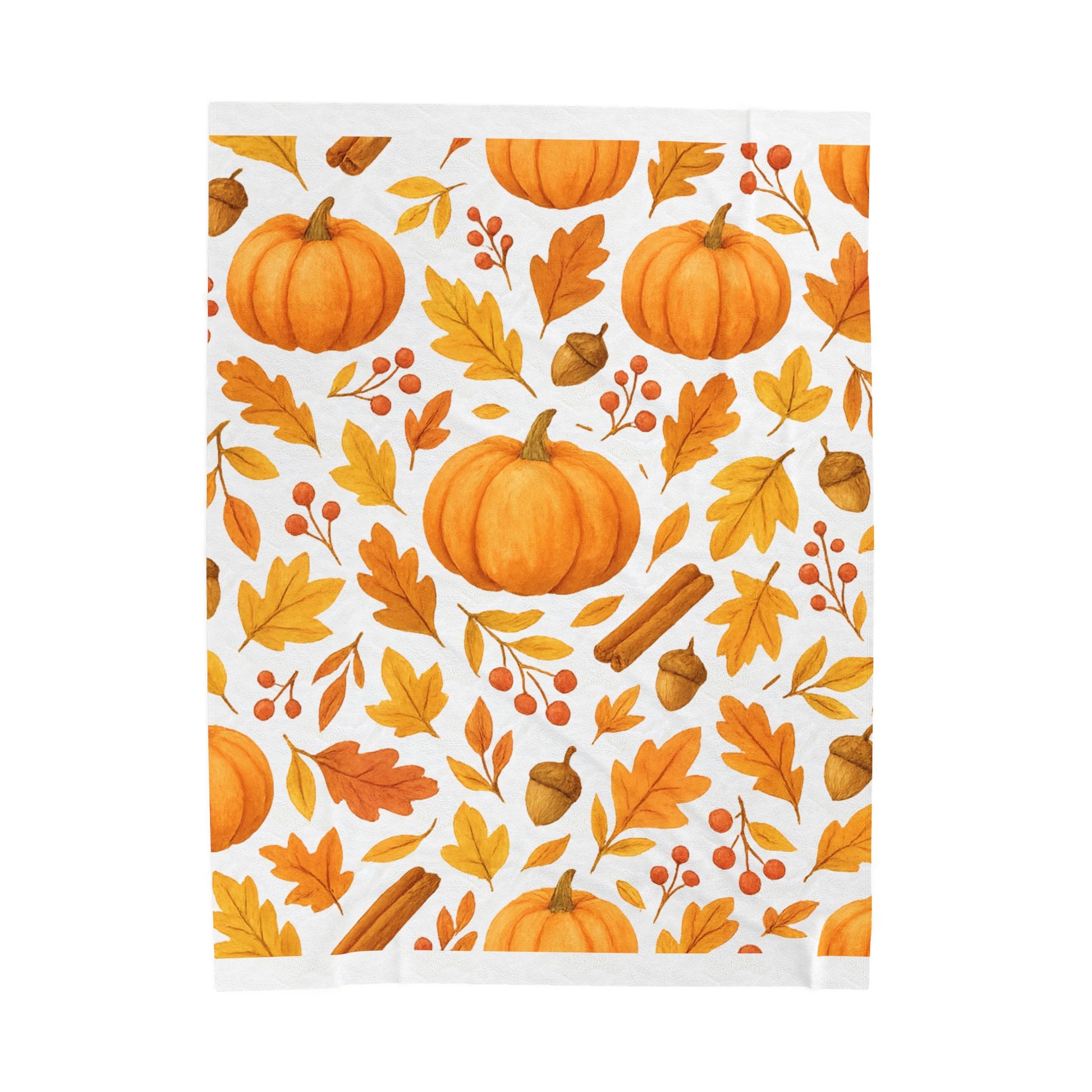 Cozy Velveteen Plush Blanket – Pumpkin & Autumn Leaves Fall Throw