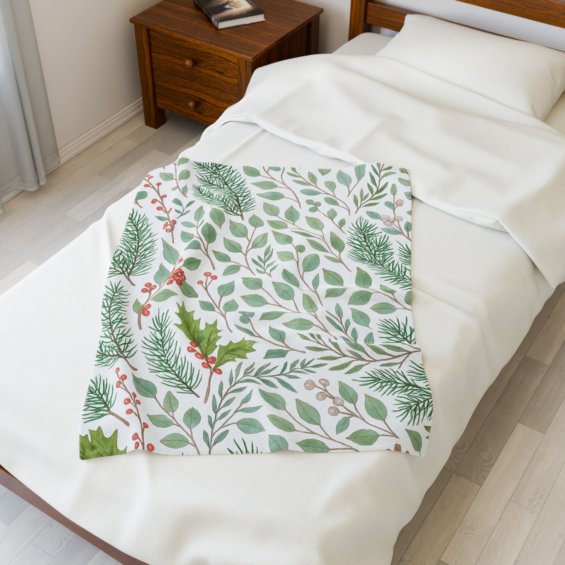 Whispers of Winter Botanical Blanket – Cozy Watercolor Evergreen and Holly Velveteen Throw – Ana