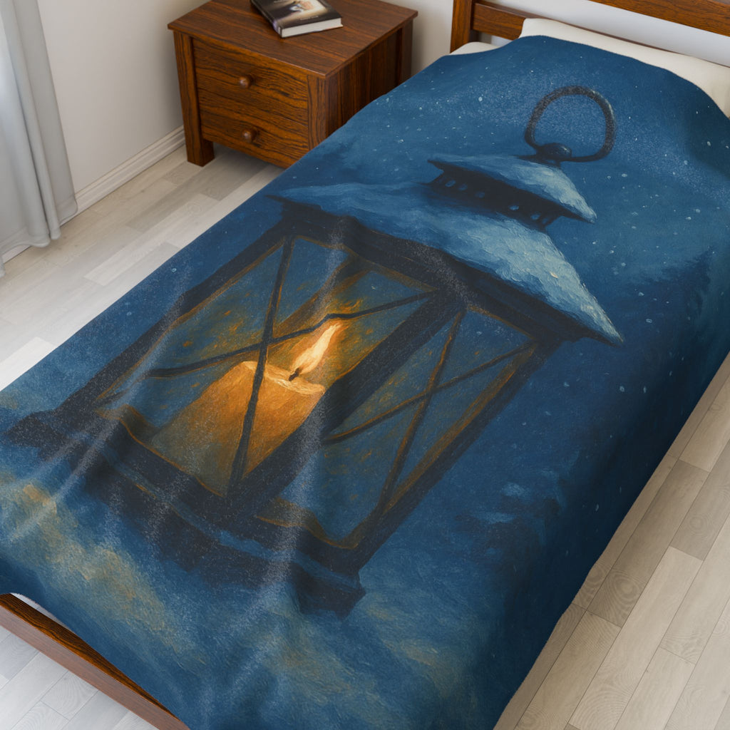 Winter’s Hush Blue Lantern Velveteen Plush Blanket – Cozy Winter Decor | Paper Pleasures