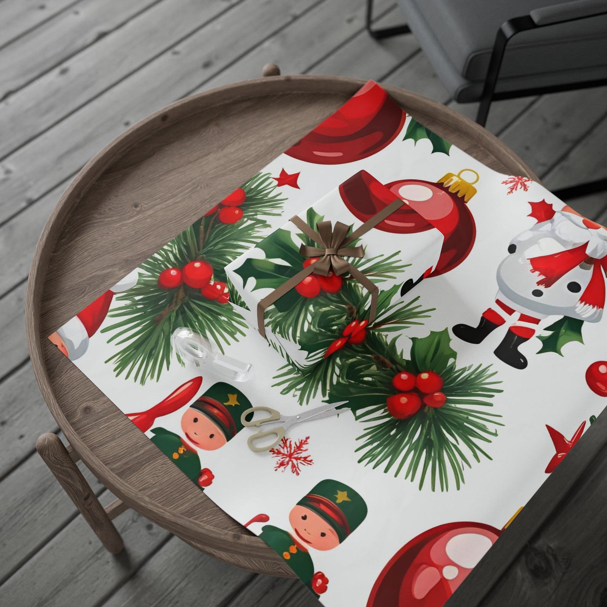 Santa and Toy Soldiers Christmas Wrapping Paper – Festive Ornaments and Holly Design