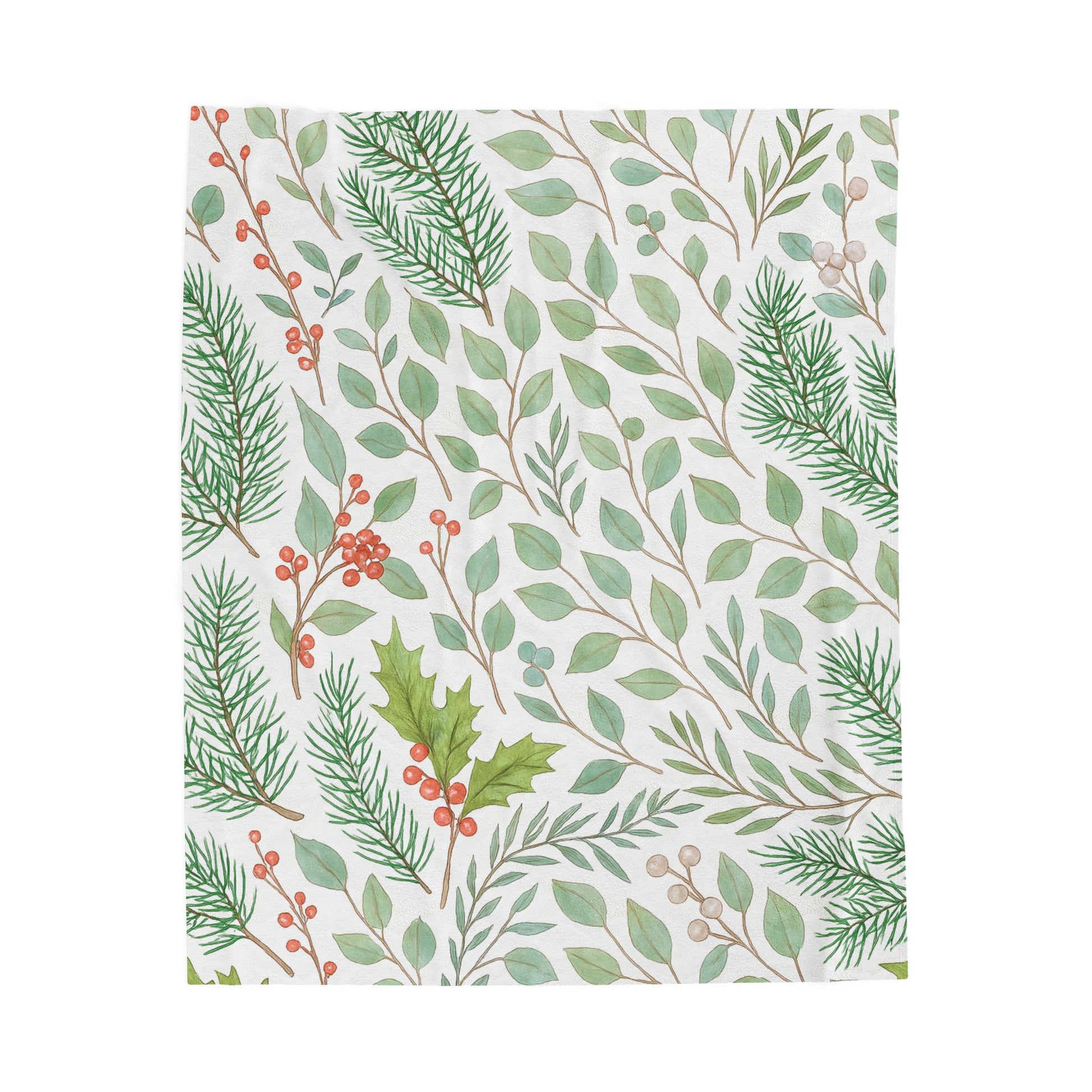 Whispers of Winter Botanical Blanket – Cozy Watercolor Evergreen and Holly Velveteen Throw – Ana
