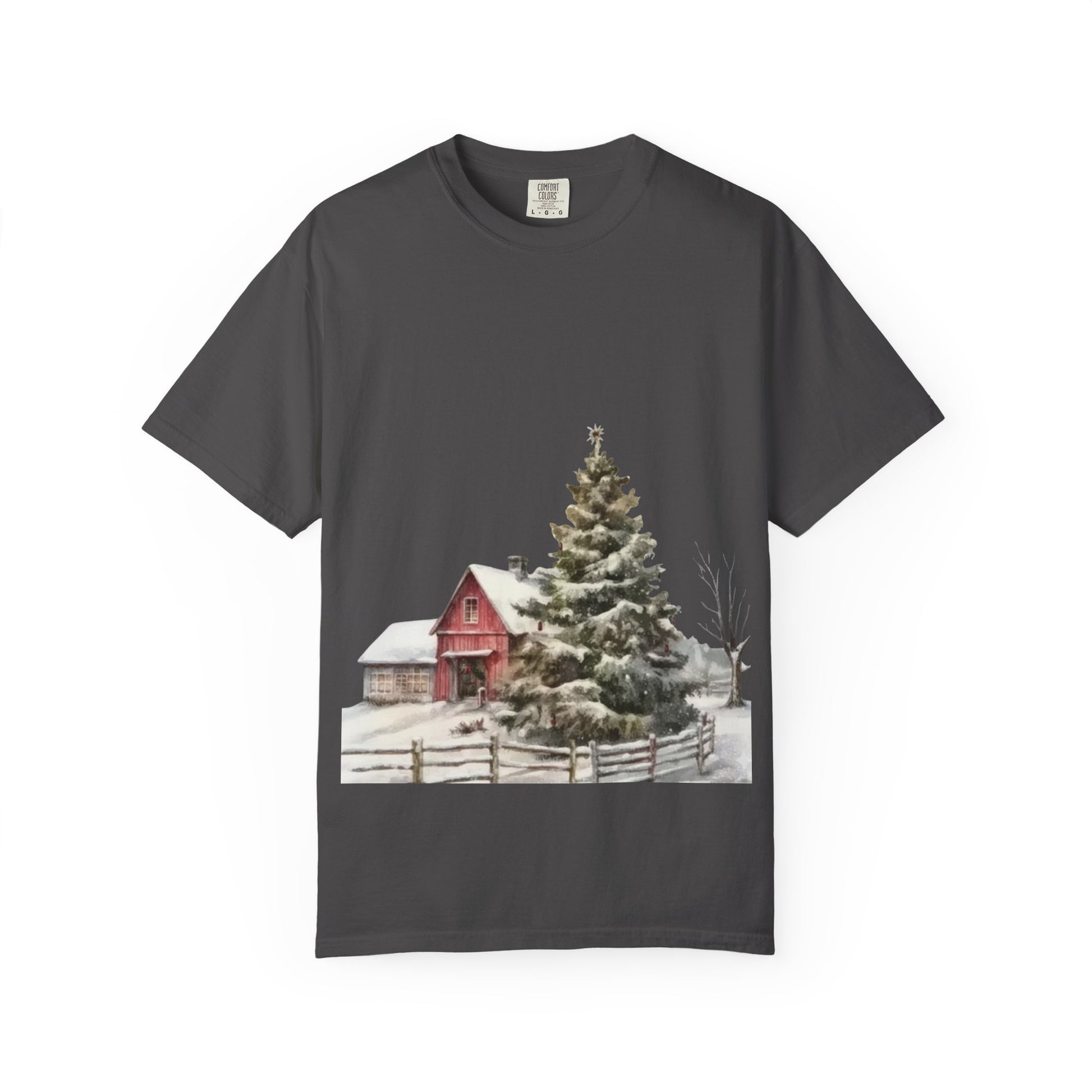 Whispers of Winter – Christmas Barn T-Shirt SHORT SLEEVE | Rustic Holiday Scene by Paper Pleasures