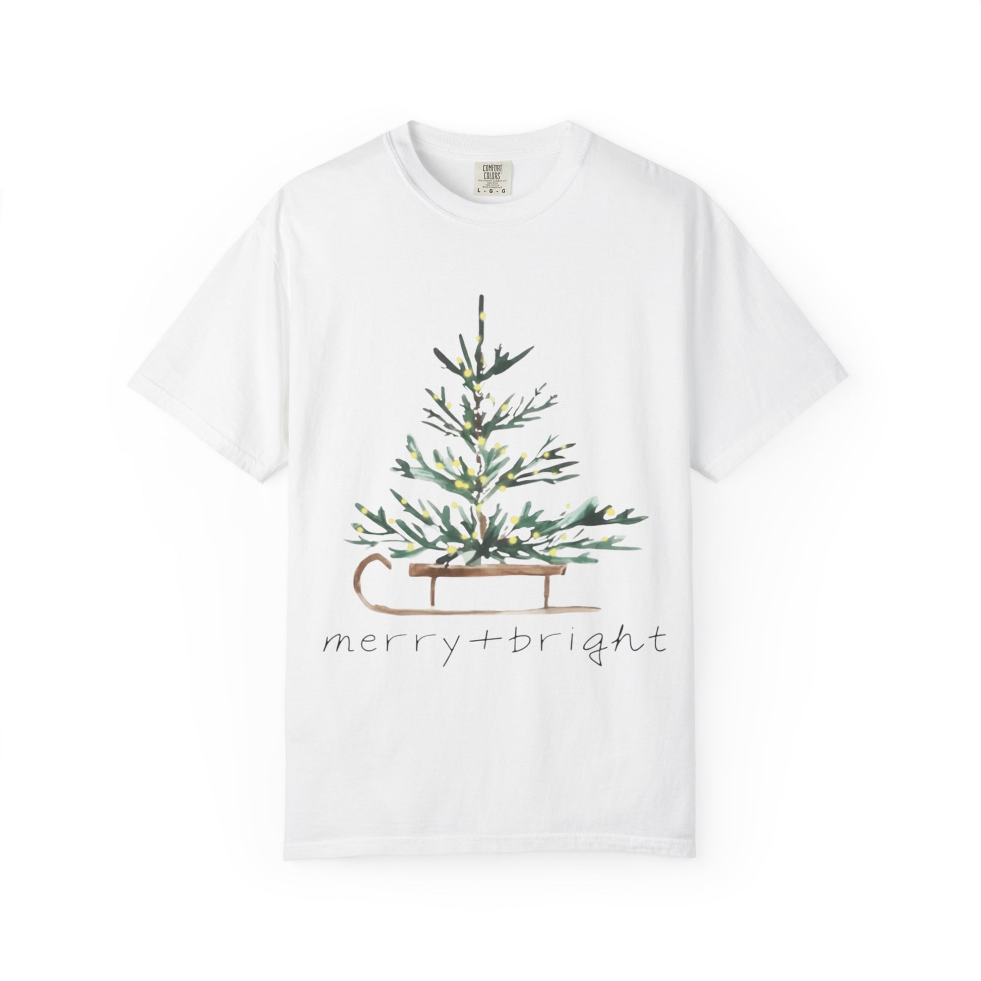 Whispers of Winter – Merry + Bright Christmas Tree T-Shirt SHORT SLEEVE | Elegant Minimal Holiday Apparel by Paper Pleasures