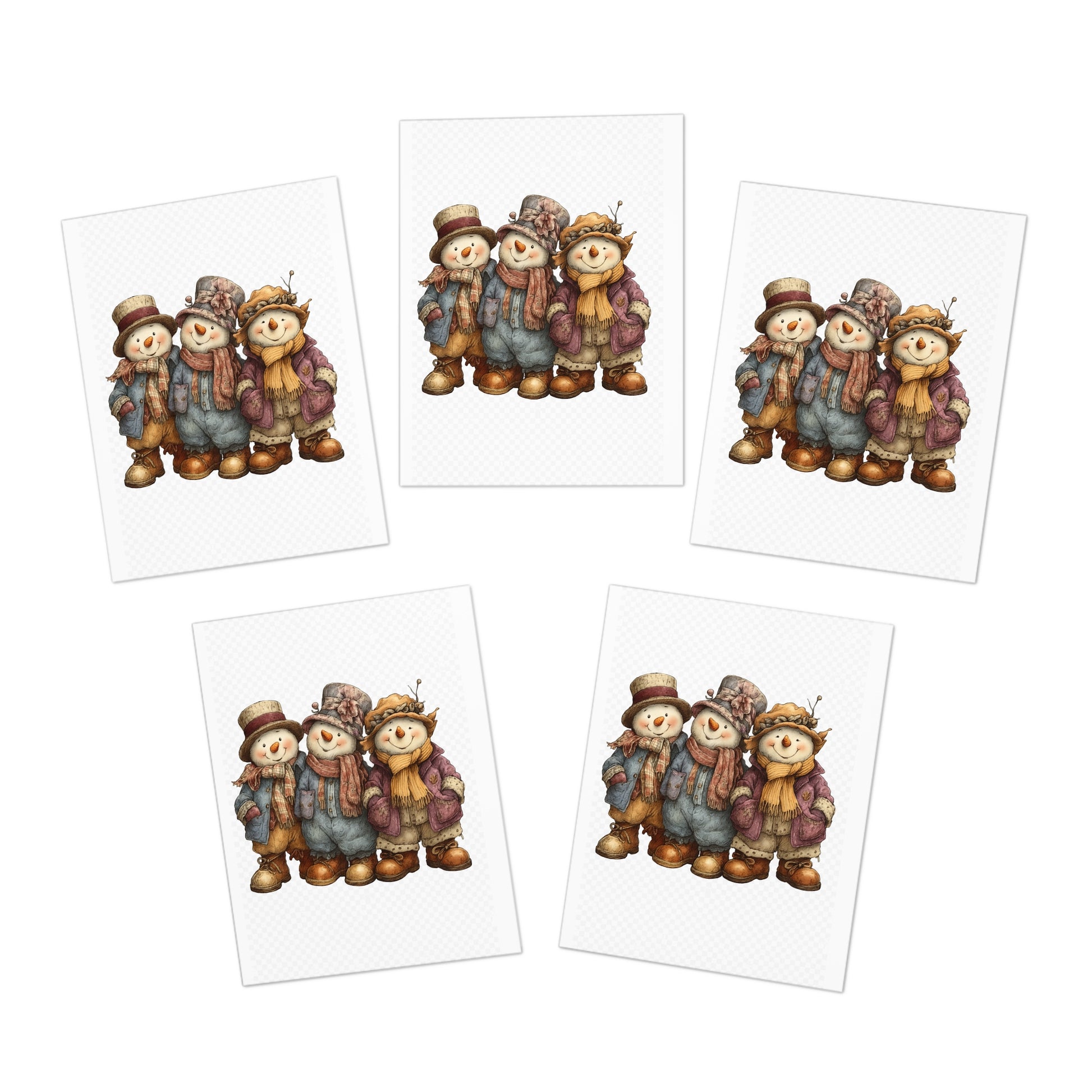 Whimsical Snowmen Christmas Greeting Card – Vintage Hobo Style Winter Trio (1) (5-Pack)