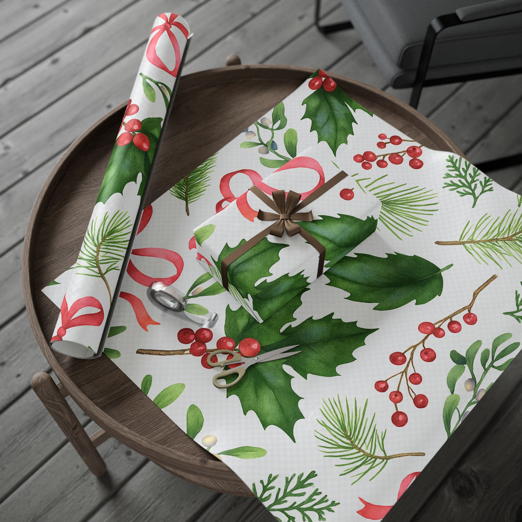 Whispers of Winter Watercolor Holly & Pine Wrapping Paper – Elegant Botanical Christmas Gift Wrap - Ana