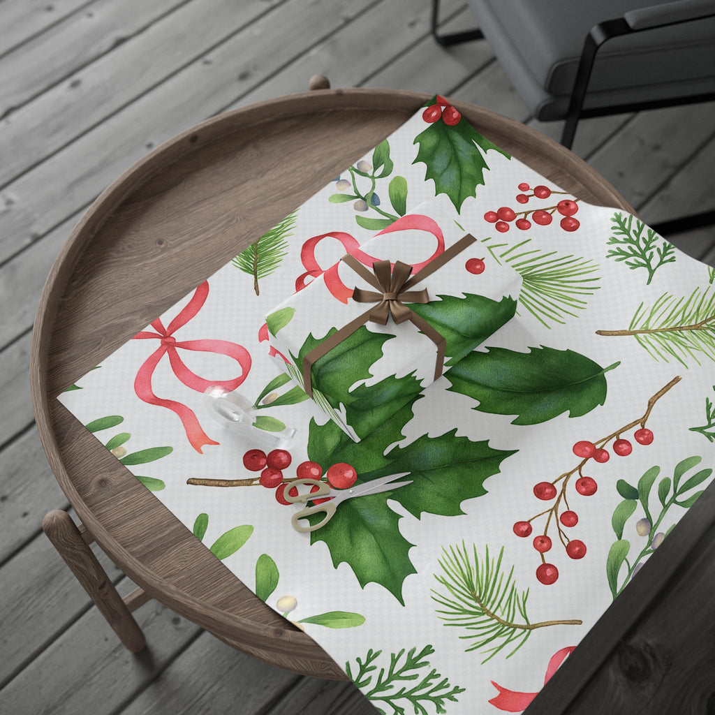 Whispers of Winter Watercolor Holly & Pine Wrapping Paper – Elegant Botanical Christmas Gift Wrap - Ana