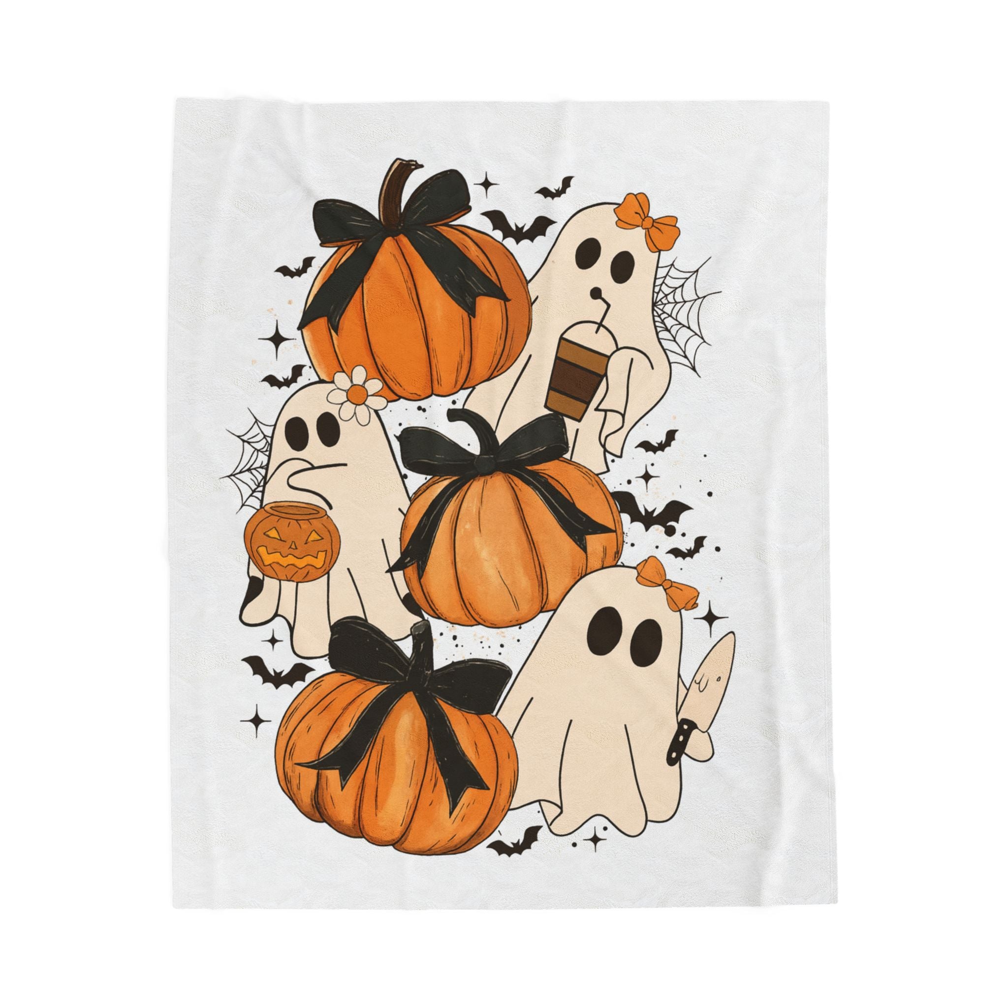 Halloween-themed towel with pumpkins and ghosts on a white background