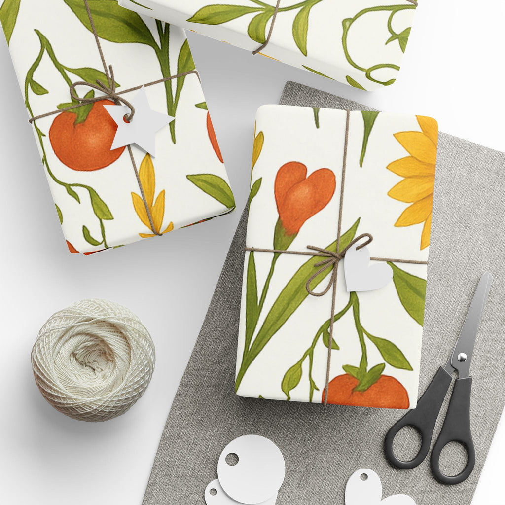 Sunflowers, Tomatoes & Autumn Harvest Botanical Wrapping Paper – Bright Seasonal Gift Wrap