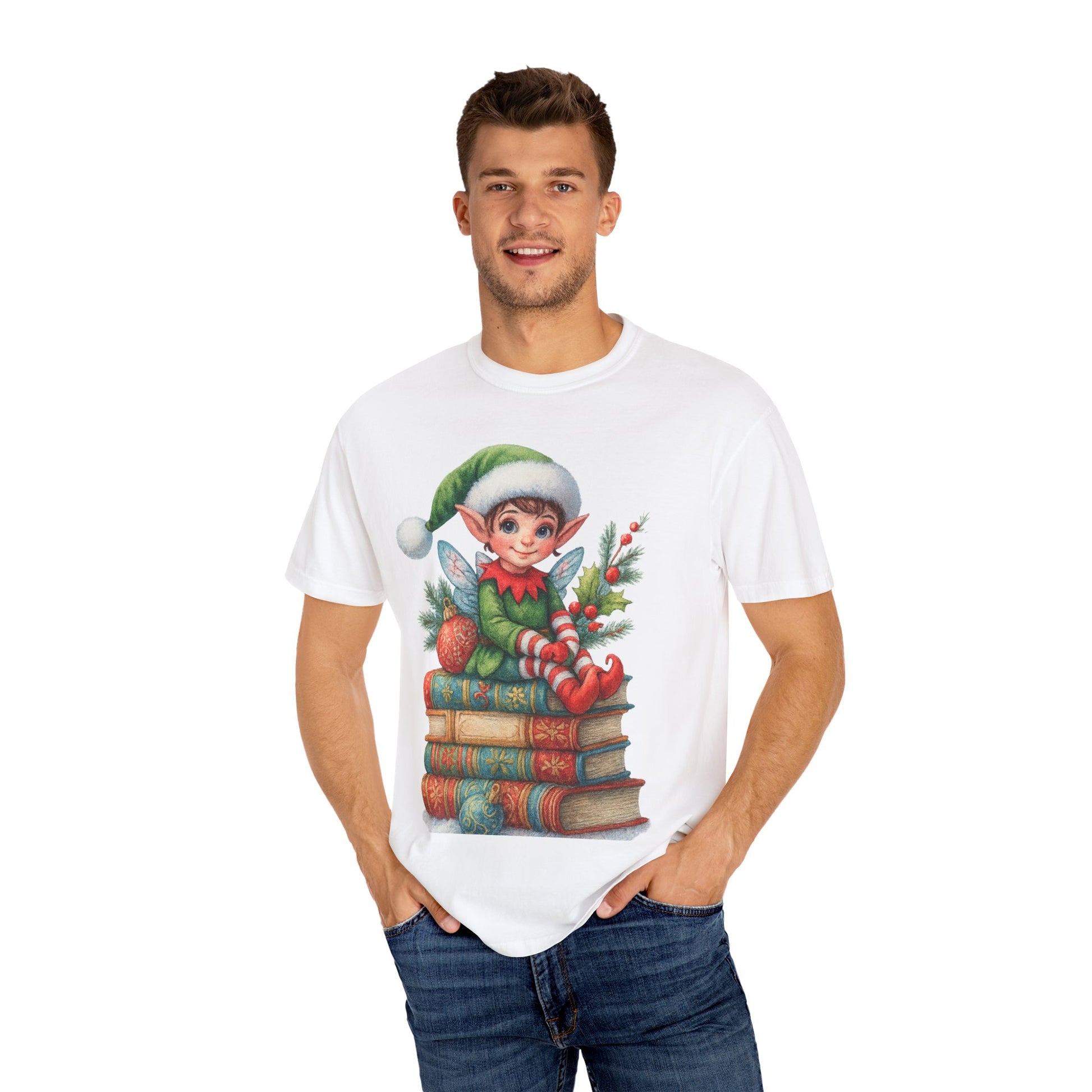 Christmas Elf on Books T-Shirt — Cute Holiday Elf Reading Graphic Tee