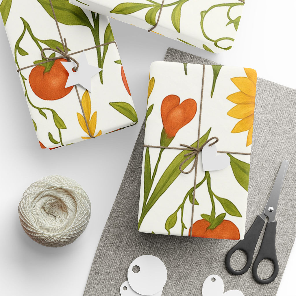 Sunflowers, Tomatoes & Autumn Harvest Botanical Wrapping Paper – Bright Seasonal Gift Wrap