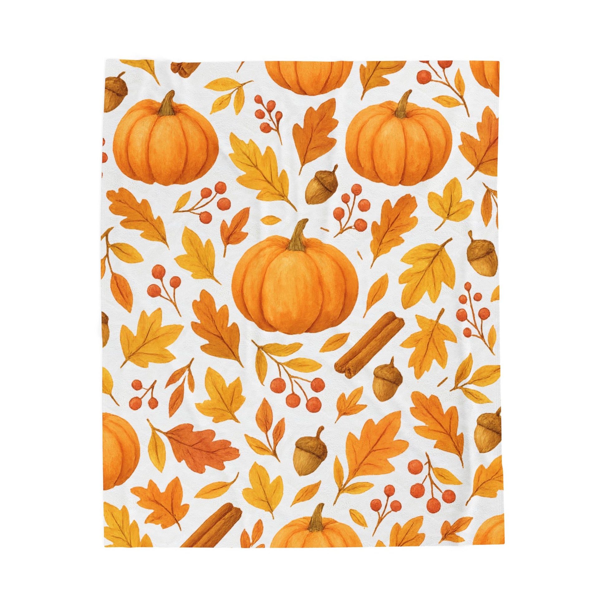Cozy Velveteen Plush Blanket – Pumpkin & Autumn Leaves Fall Throw