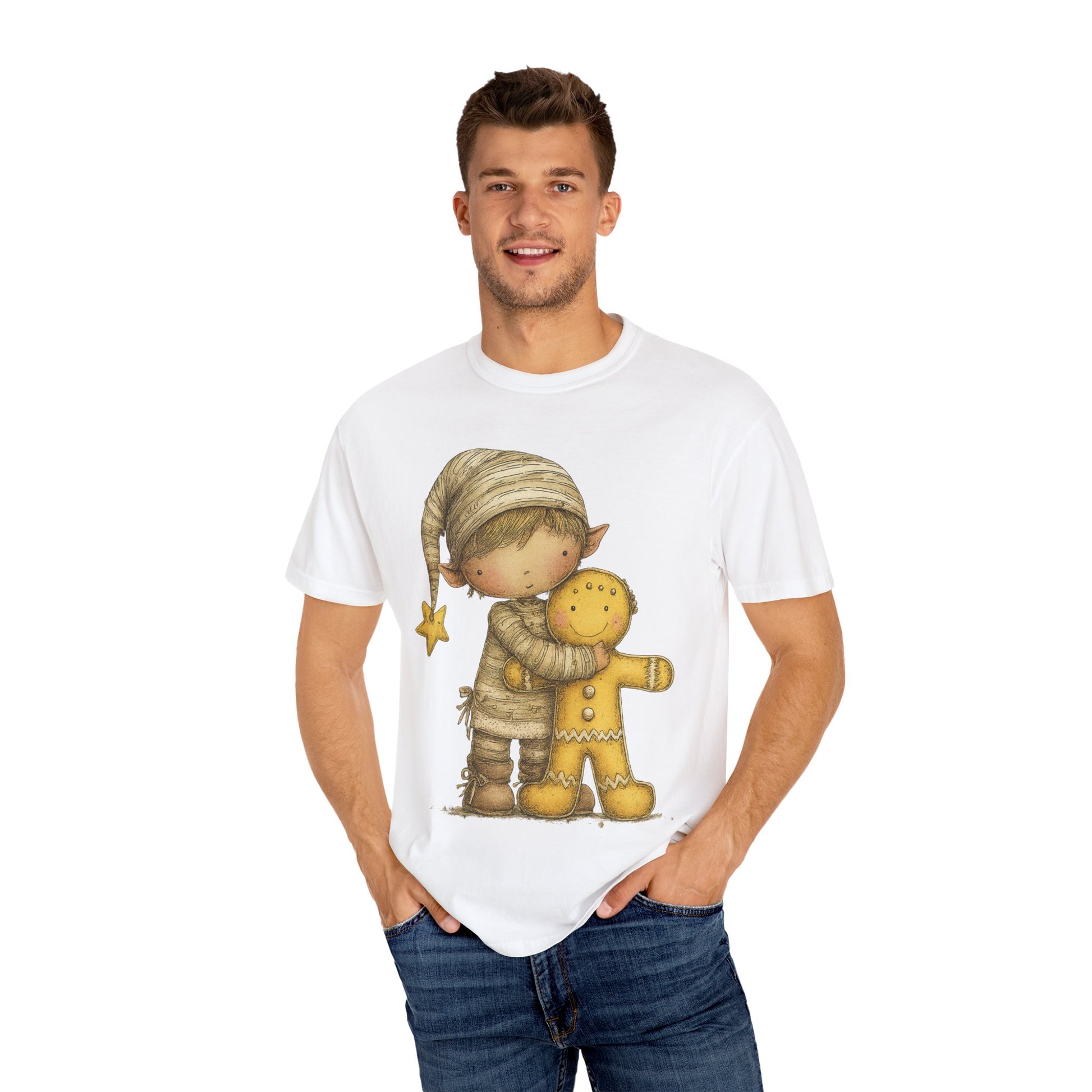 Christmas Elf & Gingerbread Hug T-Shirt – Whimsical Holiday Shirt – Cute Christmas Elf Graphic Tee – Cozy Holiday Apparel