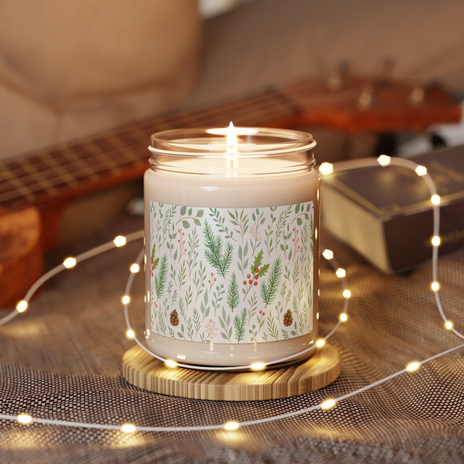 Whispers of Winter Botanical Candle Wrap – Watercolor Evergreen and Holly Pattern – Ana