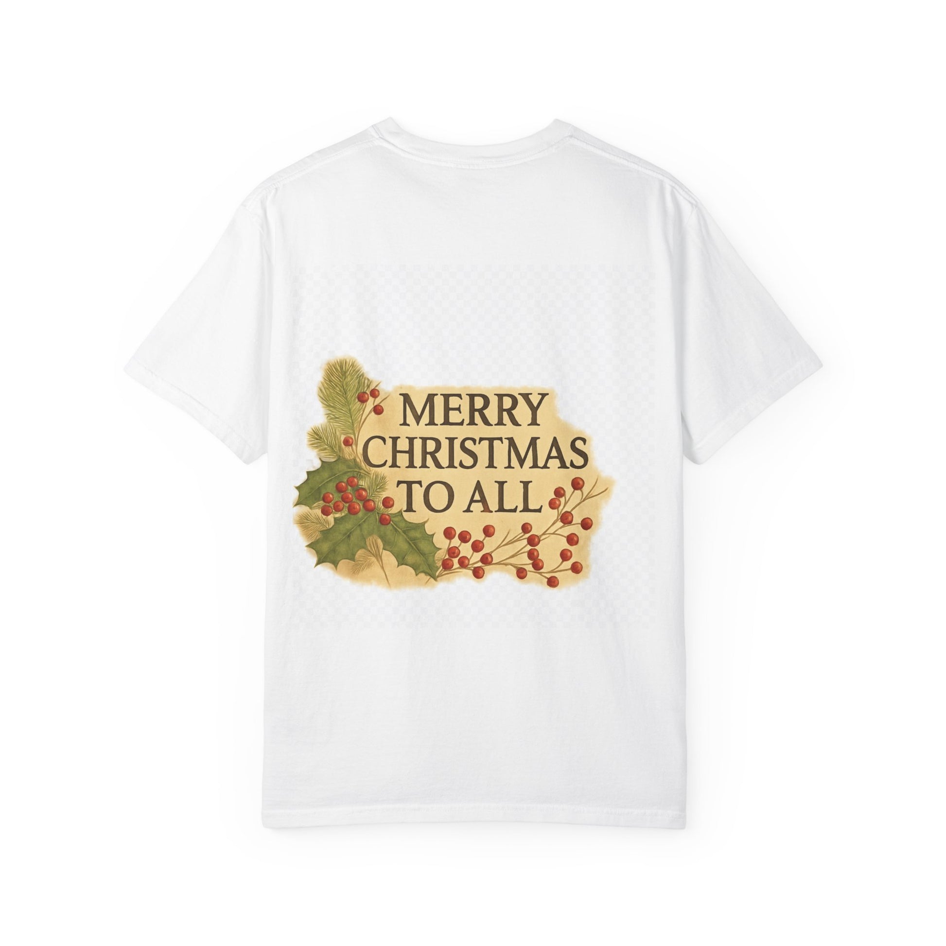 White t-shirt with Christmas-themed design and text on a white background