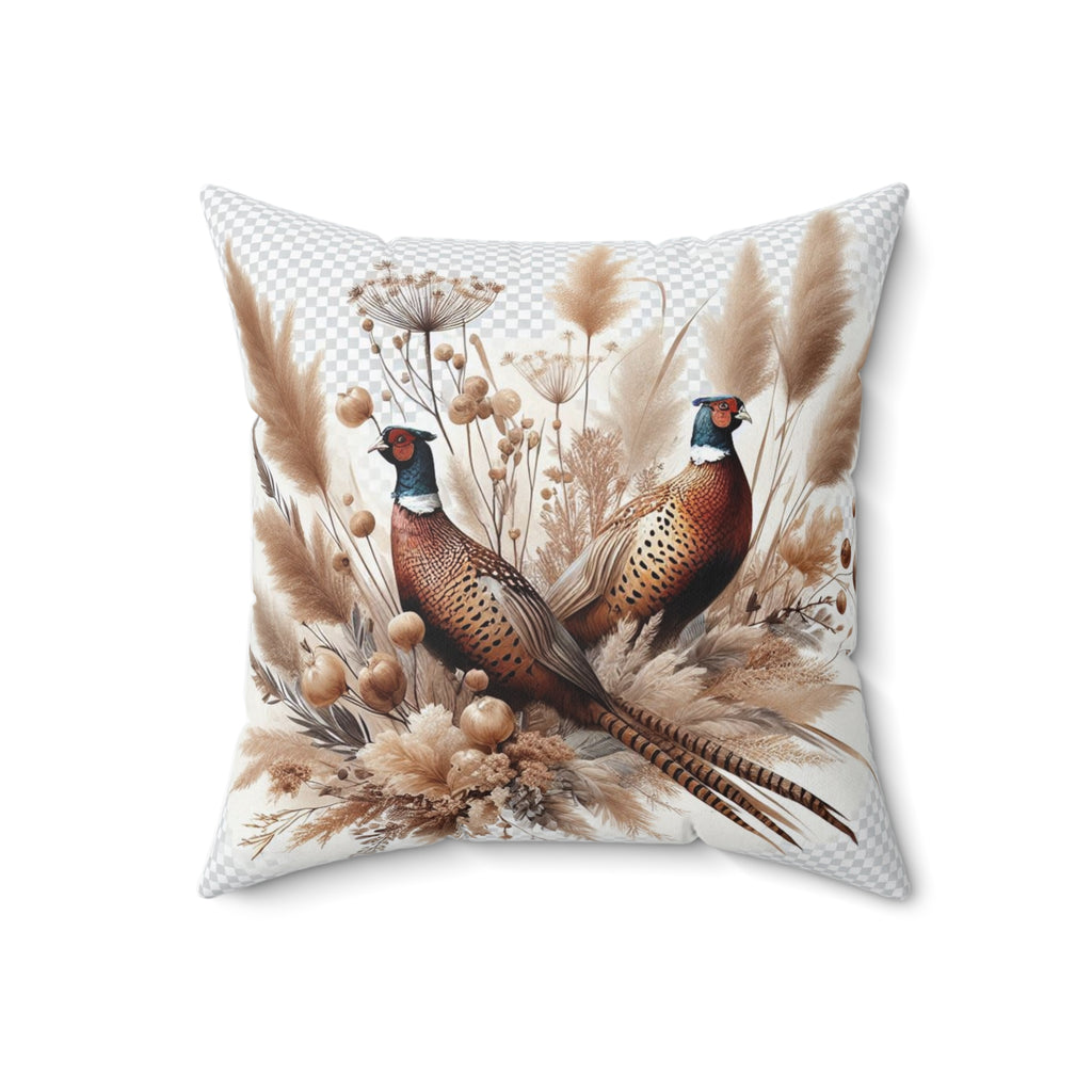 Fall Pheasants Pillow surrounded by pampas grass– Autumn Wildlife Cushion #2 of 3