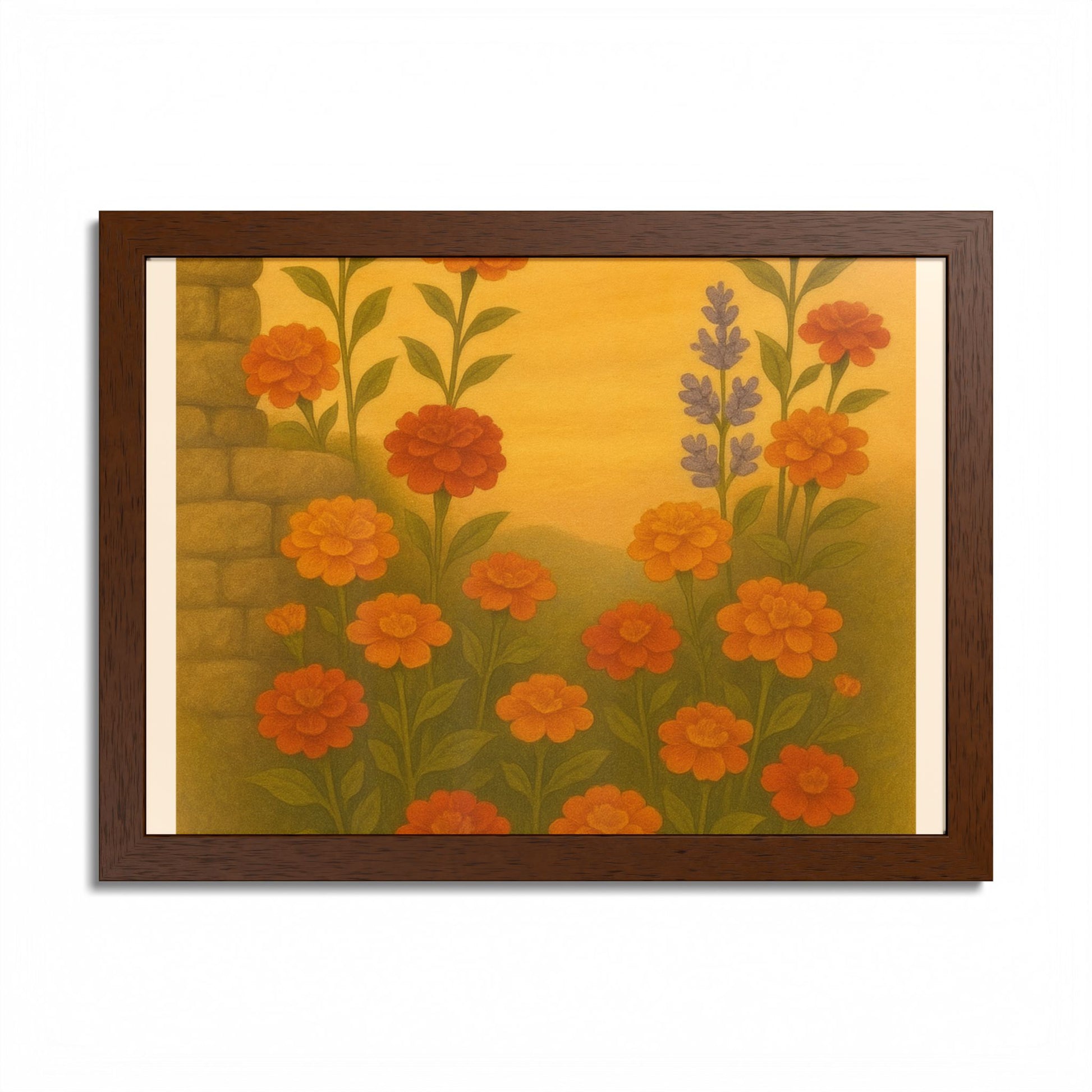 Golden Marigold Garden Framed Sunset Floral Wall Decor