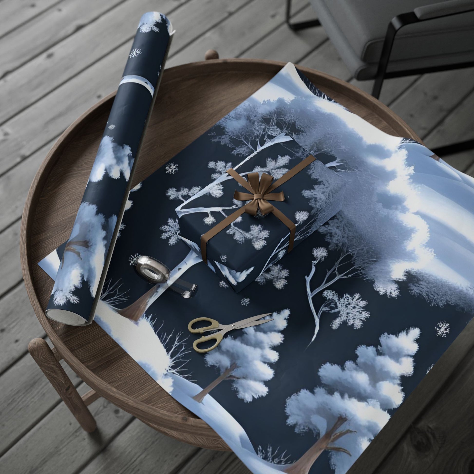 Winter Wonderland Forest Wrapping Paper – Snowy Trees and Falling Snowflakes