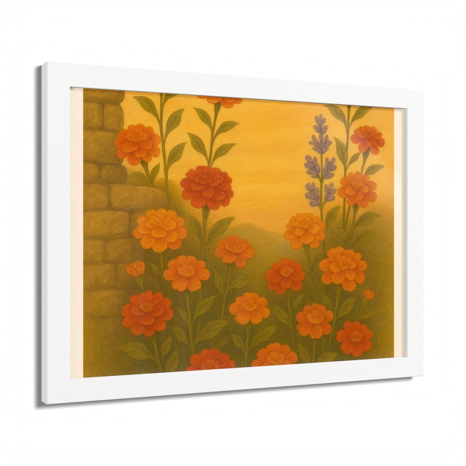 Golden Marigold Garden Framed Sunset Floral Wall Decor