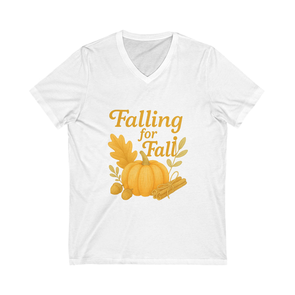 White t-shirt with 'Falling for Fall' design featuring a pumpkin and leaves on a white background