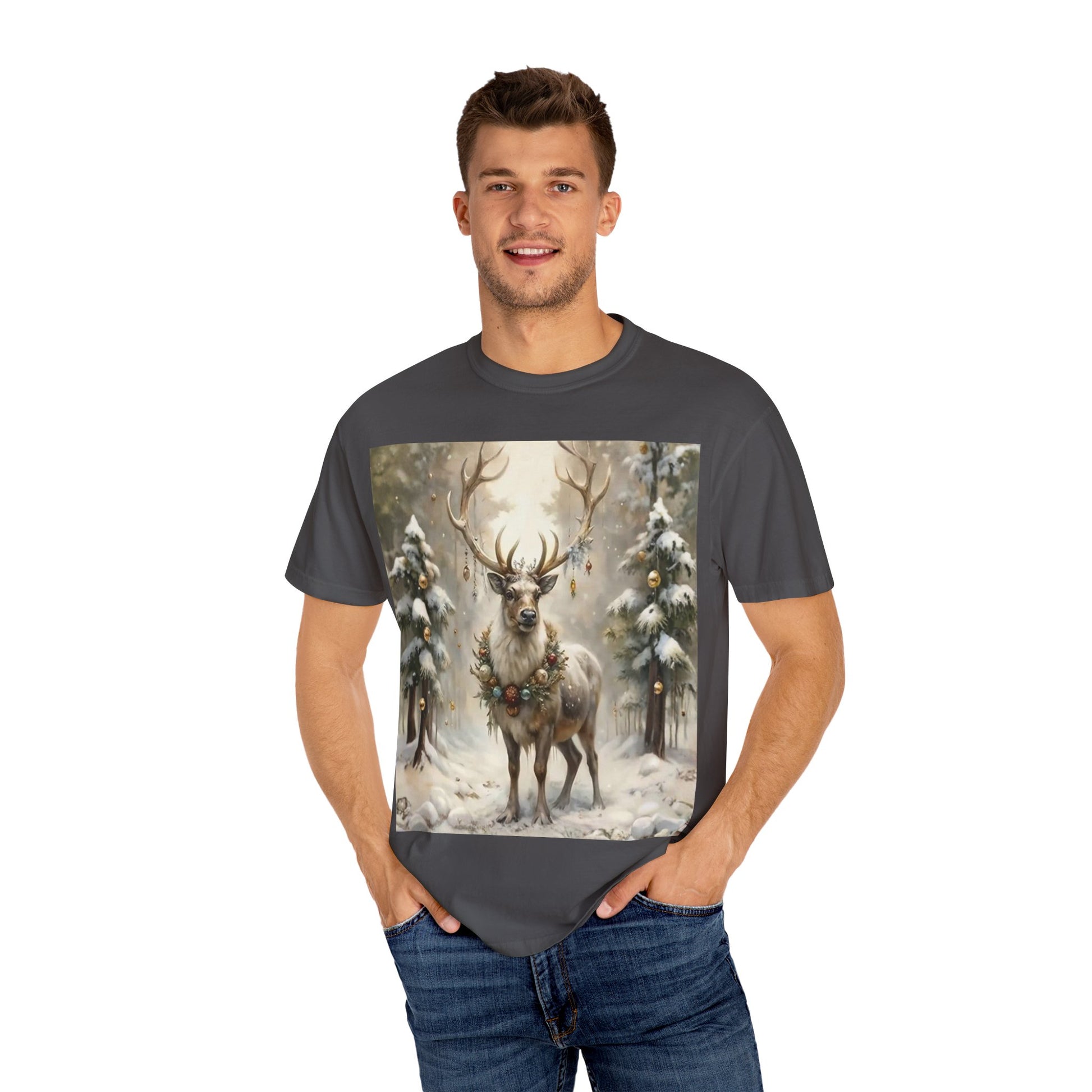 Whispers of Winter – Reindeer Wreath T-Shirt | Elegant Holiday Apparel by Paper Pleasures