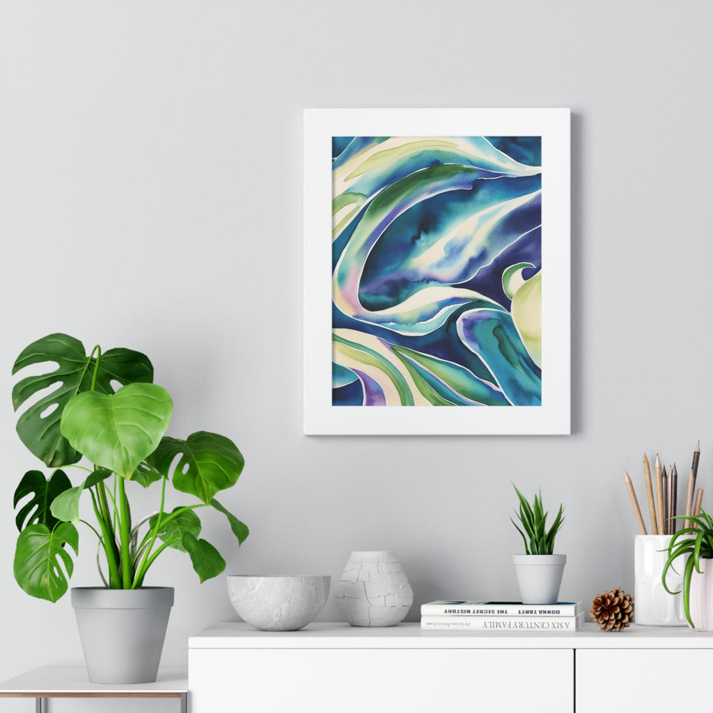 Abstract Leaf Watercolor Art – Framed Botanical Poster in Green & Teal Tones