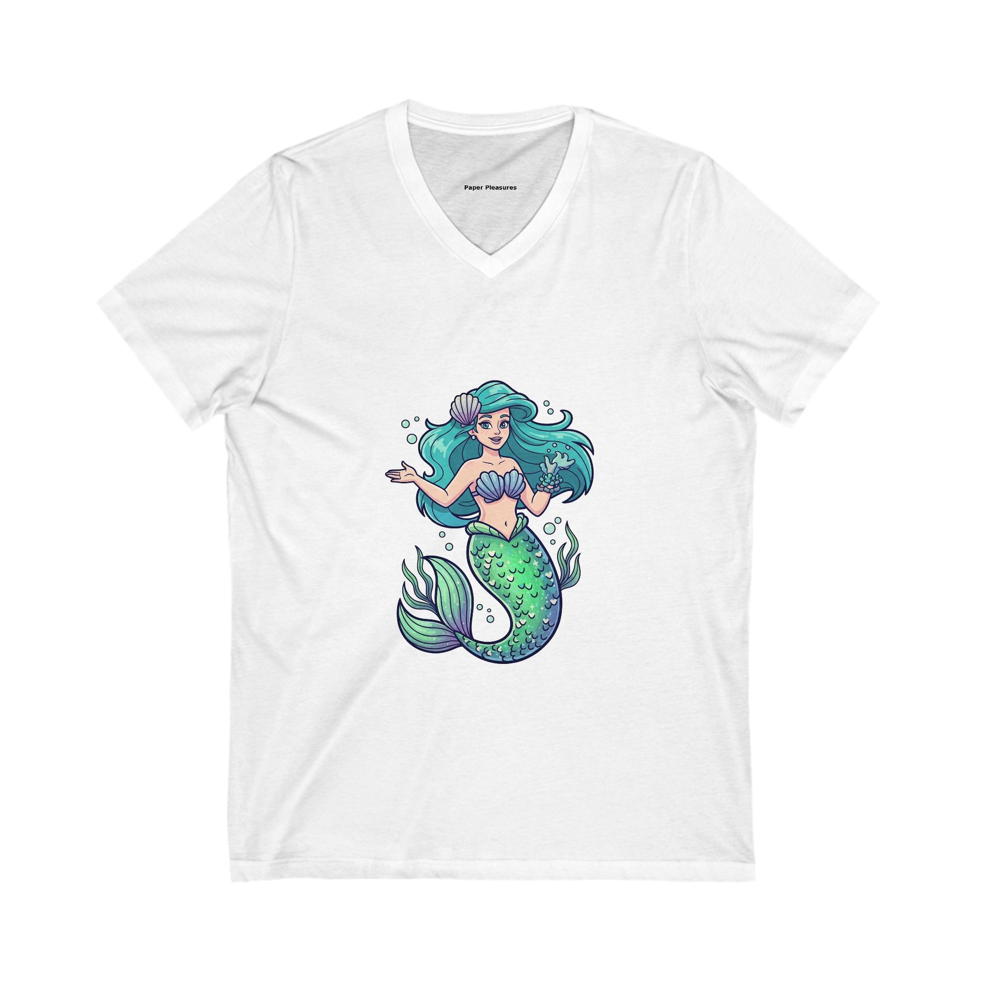 White t-shirt with a mermaid graphic on a white background