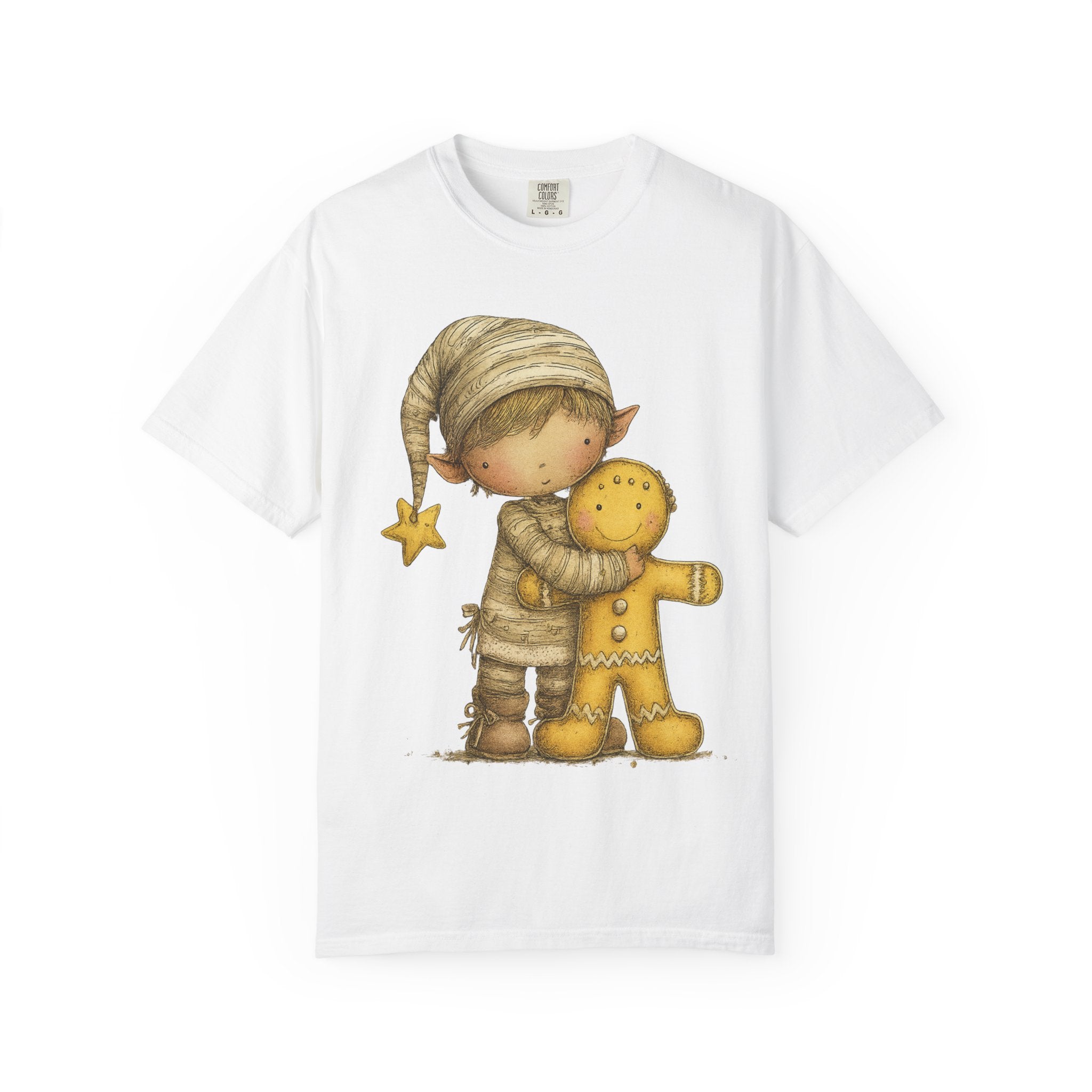 Christmas Elf & Gingerbread Hug T-Shirt – Whimsical Holiday Shirt – Cute Christmas Elf Graphic Tee – Cozy Holiday Apparel
